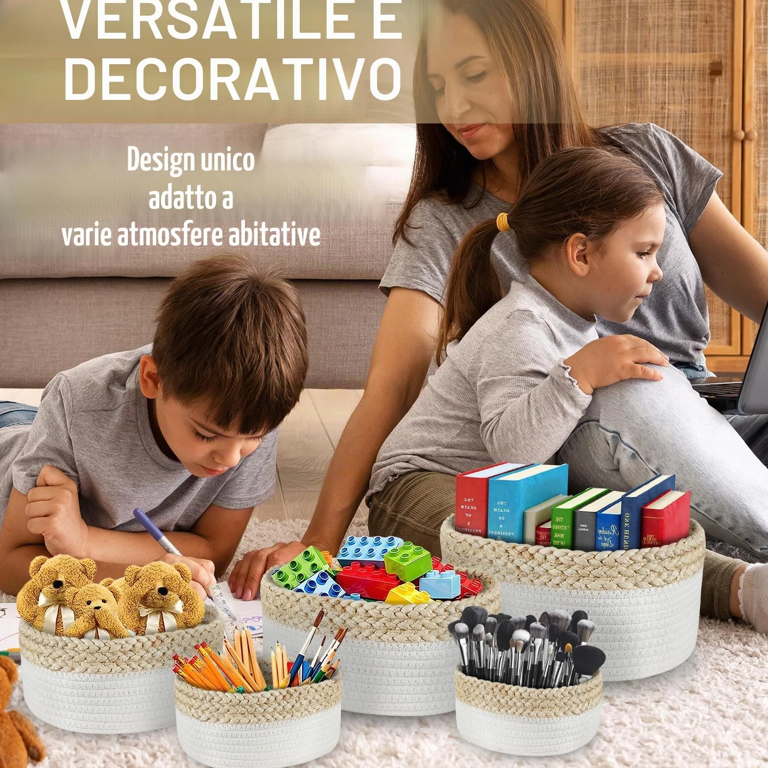 ENCOUN Set 5 Cestini Portaoggetti Intrecciato in Corda di Cotone, Impilabile Organizer Fasciatoio, Cestino Portaoggetti Bagno, cestini portaoggetti bagno per Cameretta, Salotto, Giocattoli, Ufficio