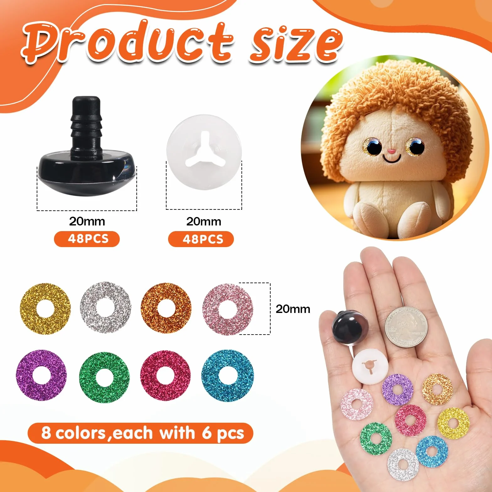 TOAOB 48 Pezzi Occhi di Sicurezza per Amigurumis 20 mm Colorati Glitter Occhi in Plastica con Rondelle per Bambole Animali Peluche