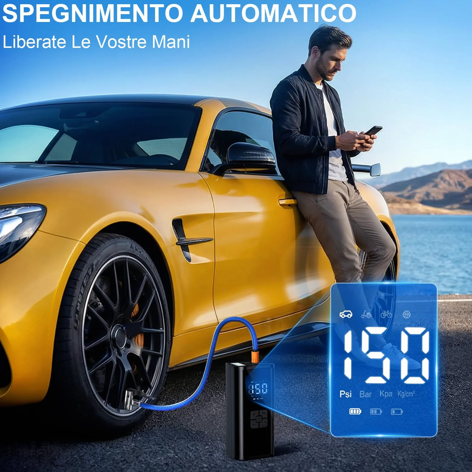 Compressore Aria Portatile, Compressore Portatile Bici, 150 PSI (10,3 Bar), Compressore Portatile Moto, Gonfiatore Elettrico con Automatico, LED, per Bicicletta, Auto, Moto, monopattino, Palloni