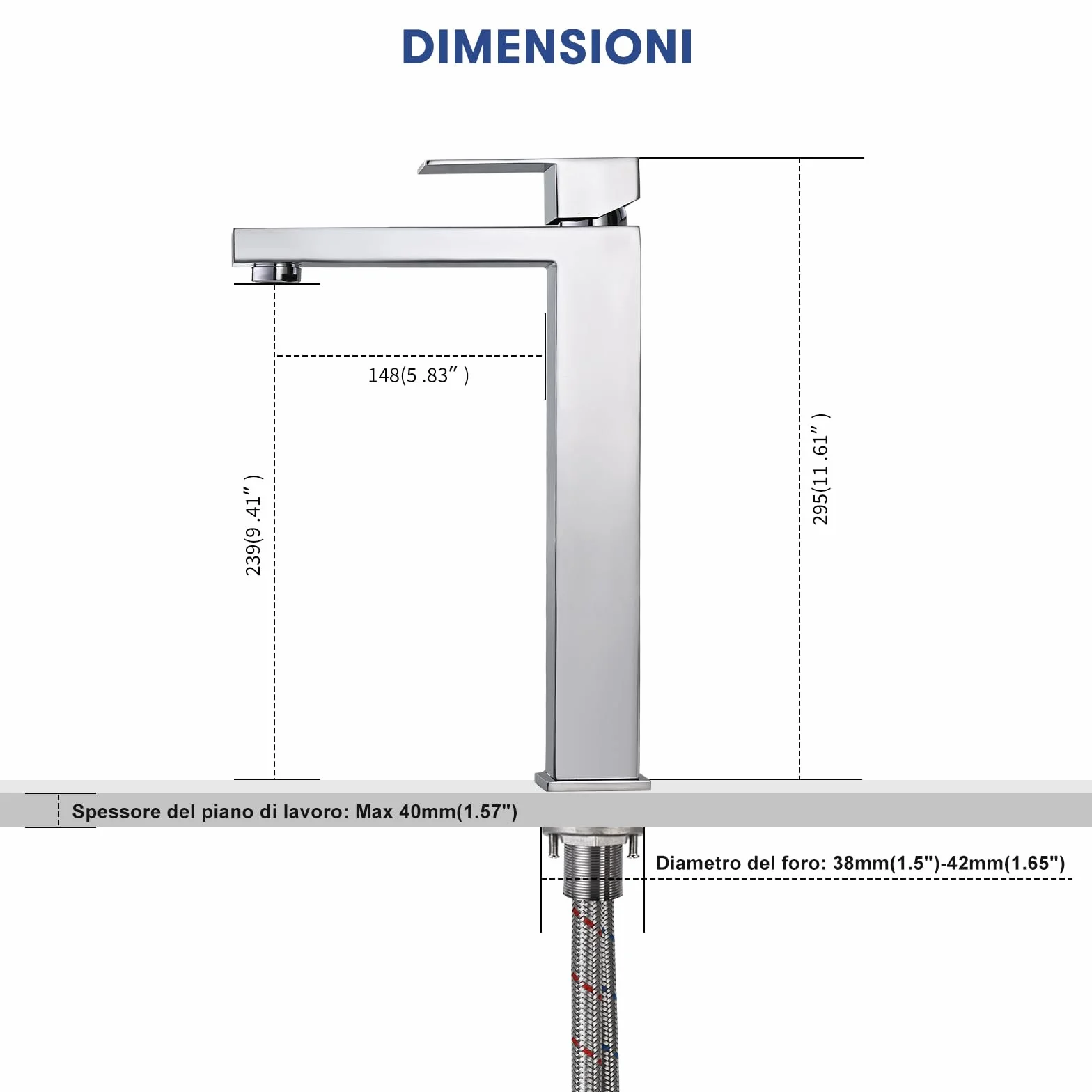 Rubinetto da Bagno Cromato, Miscelatore Lavabo Alto, Rubinetto Lavabo per Bagno, Miscelatore Acqua Calda e Fredda Regolabile, Acciaio Inossidabile (Argento)
