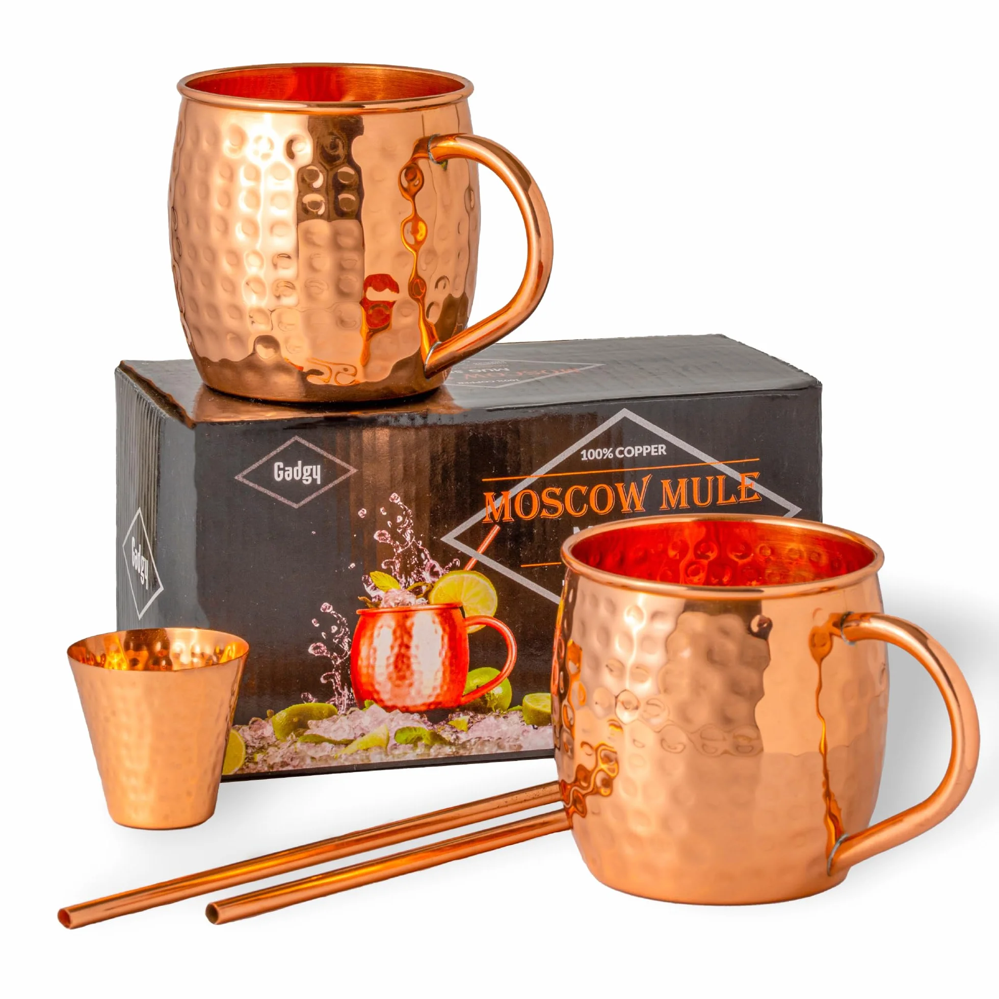 Set Moscow Mule in Rame – 2 Tazze Cocktail Fatte a Mano con Cannucce & Misurino – Bicchieri per Cocktail e Bevande Ghiacciate