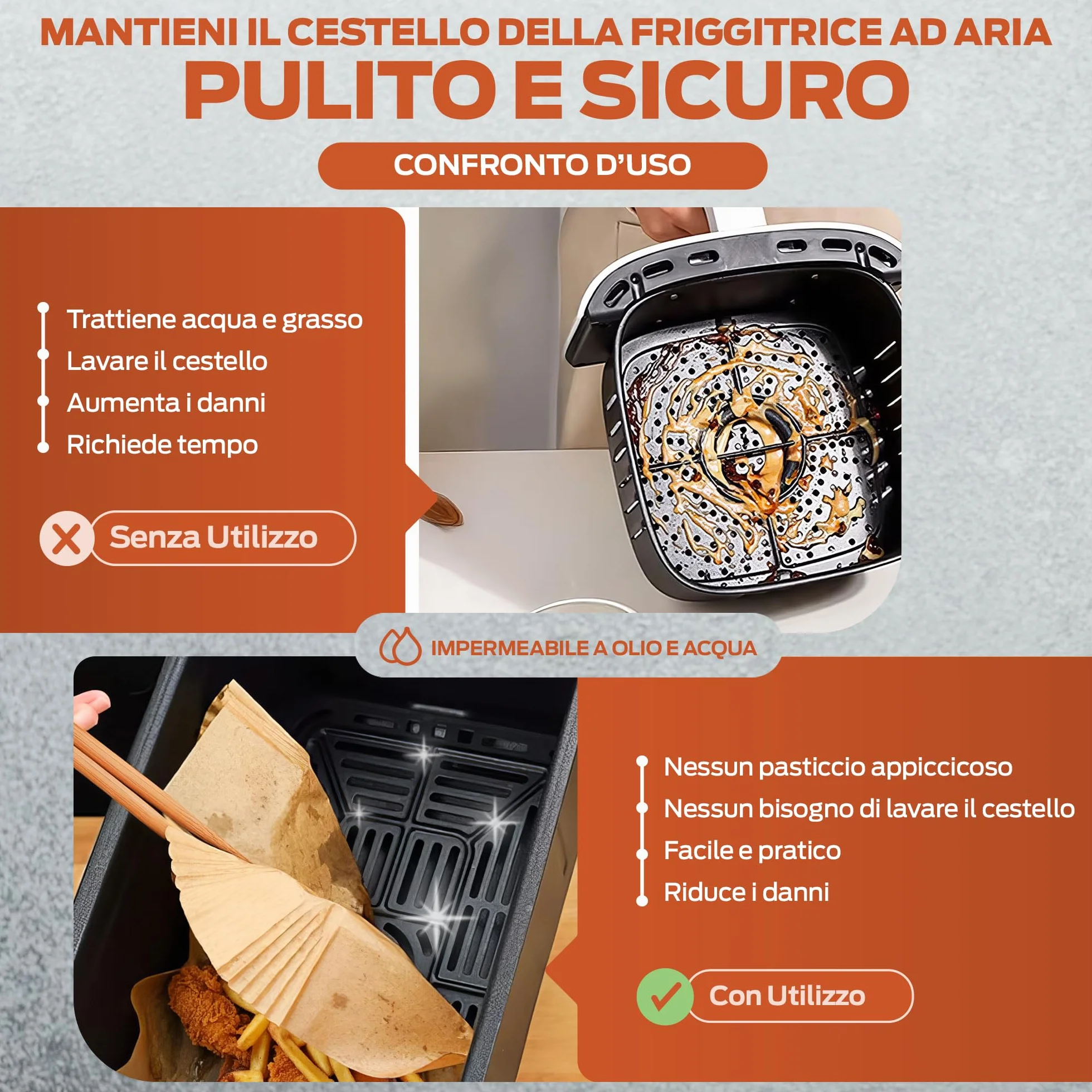 PORTENTUM Carta forno per friggitrice ad aria 100 unità quadrate 20–24 cm 5–8 L BPA Free