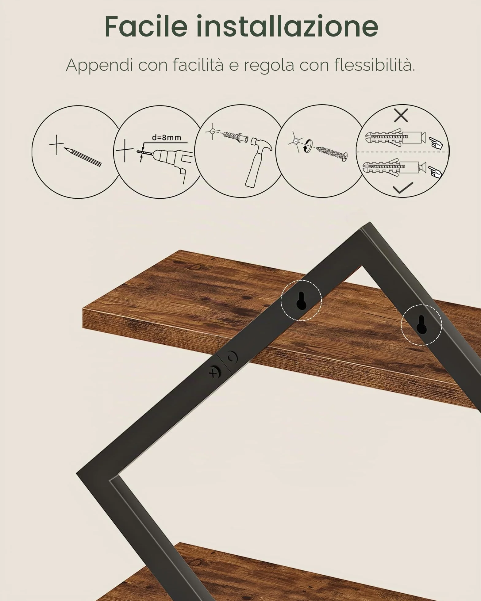 CHOEZON Mensole da Parete Sospeso, Set da 2 Scaffali da Parete a 2 Livelli, Mensole Sospese per Soggiorno, Camera da Letto, Cucina, Ufficio, Studio, Marrone Vintage e Nero DTBJ01P2BF