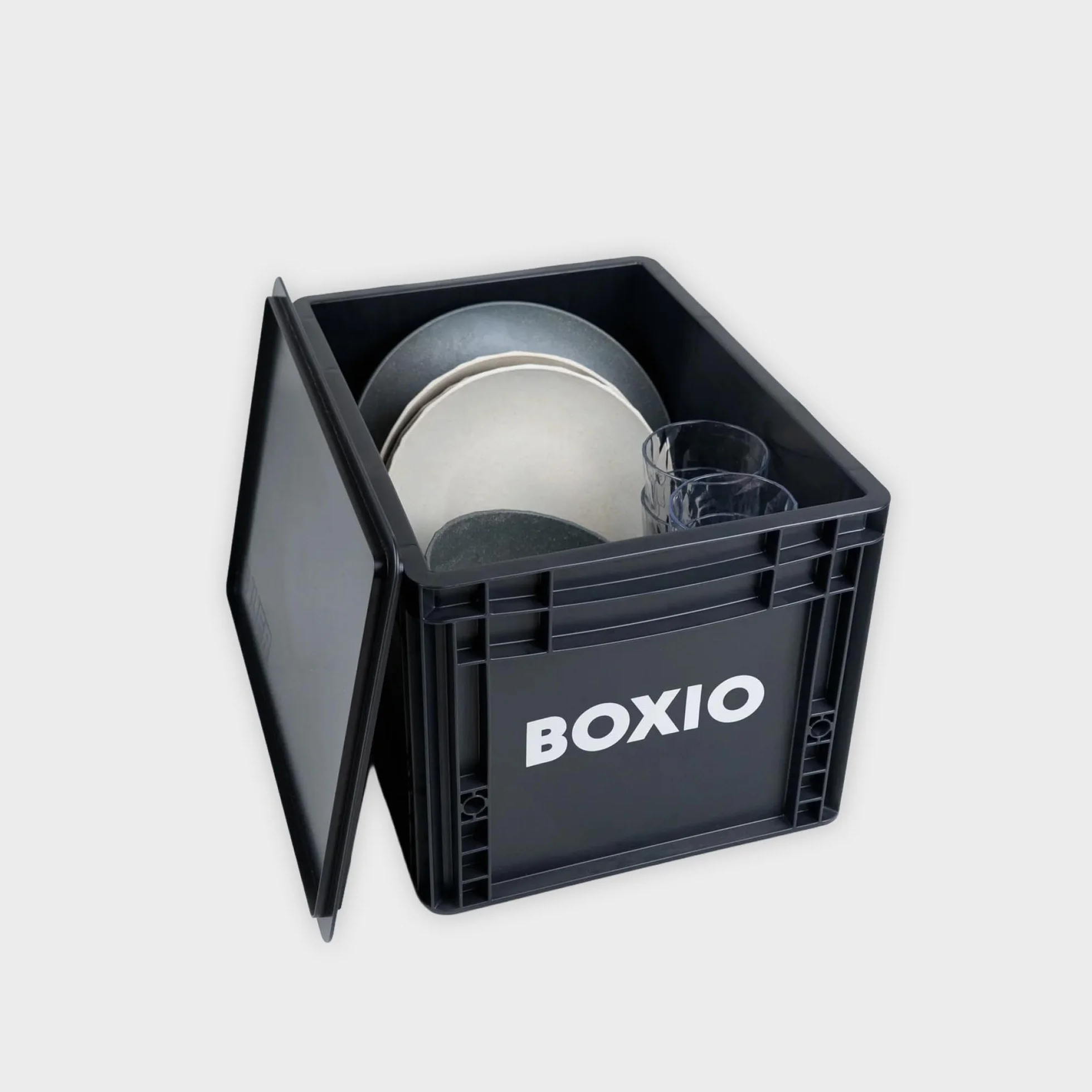 BOXIO SOLO - Scatola portaoggetti con coperchio, Eurobox 40 x 30 x 28 cm, cassetta di plastica perfetta per campeggio, barca, cantina o giardino, impilabile con altre Eurobox