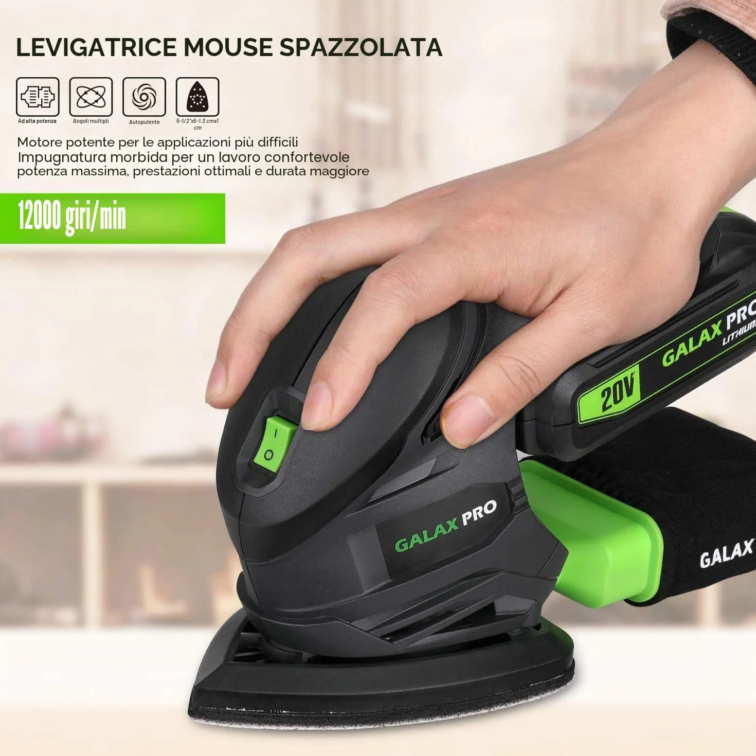 GALAX PRO Levigatrice Mouse 20V 1,3Ah Ricaricabile 12000 OPM con Carte Vetrate 20 Pezzi - Batteria e Caricabatterie Inclusi