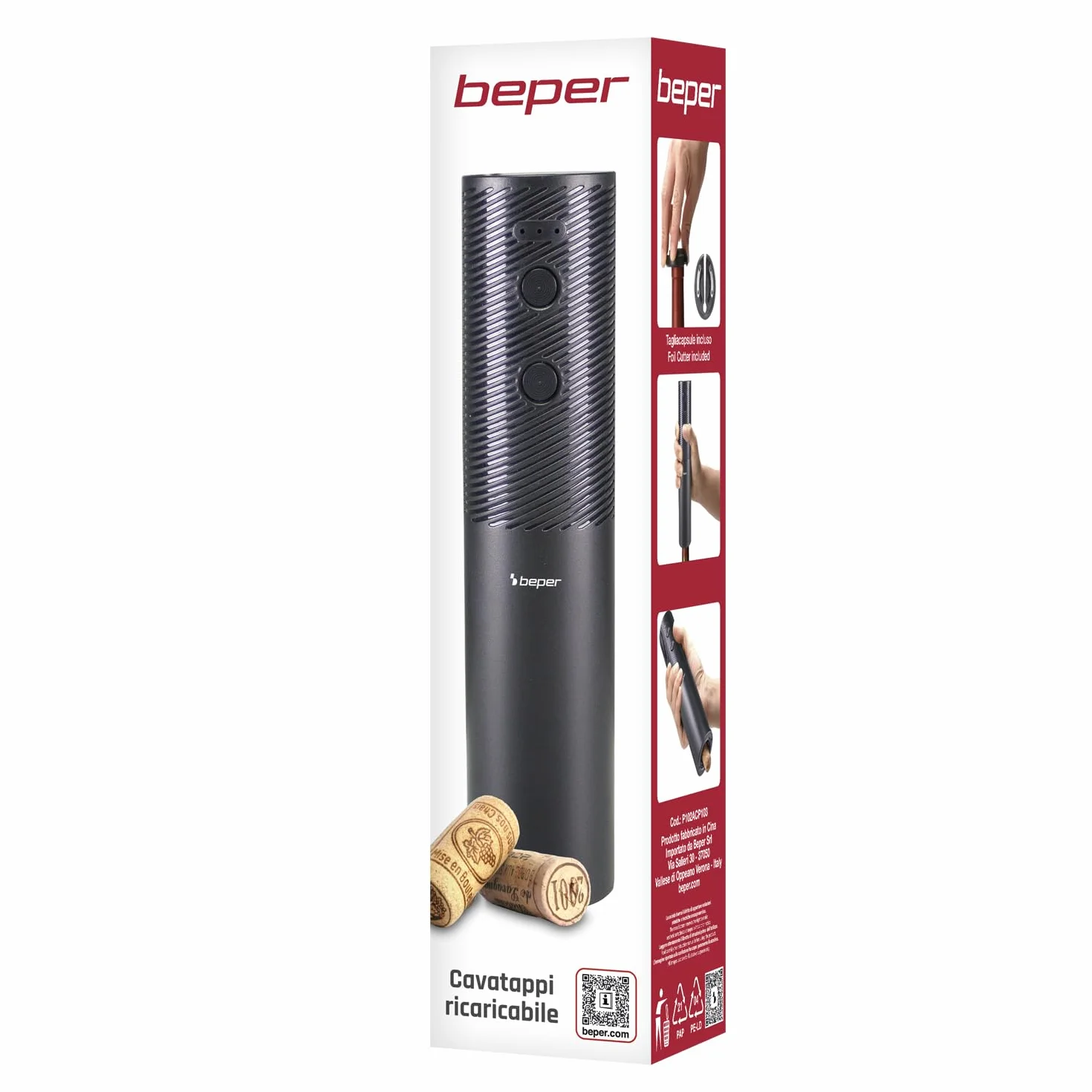 BEPER P102ACP103 Cavatappi Elettrico Ricaricabile USB, Apribottiglie Vino, Con Taglia Capsule, Per Tappi in Sughero e Sintetici