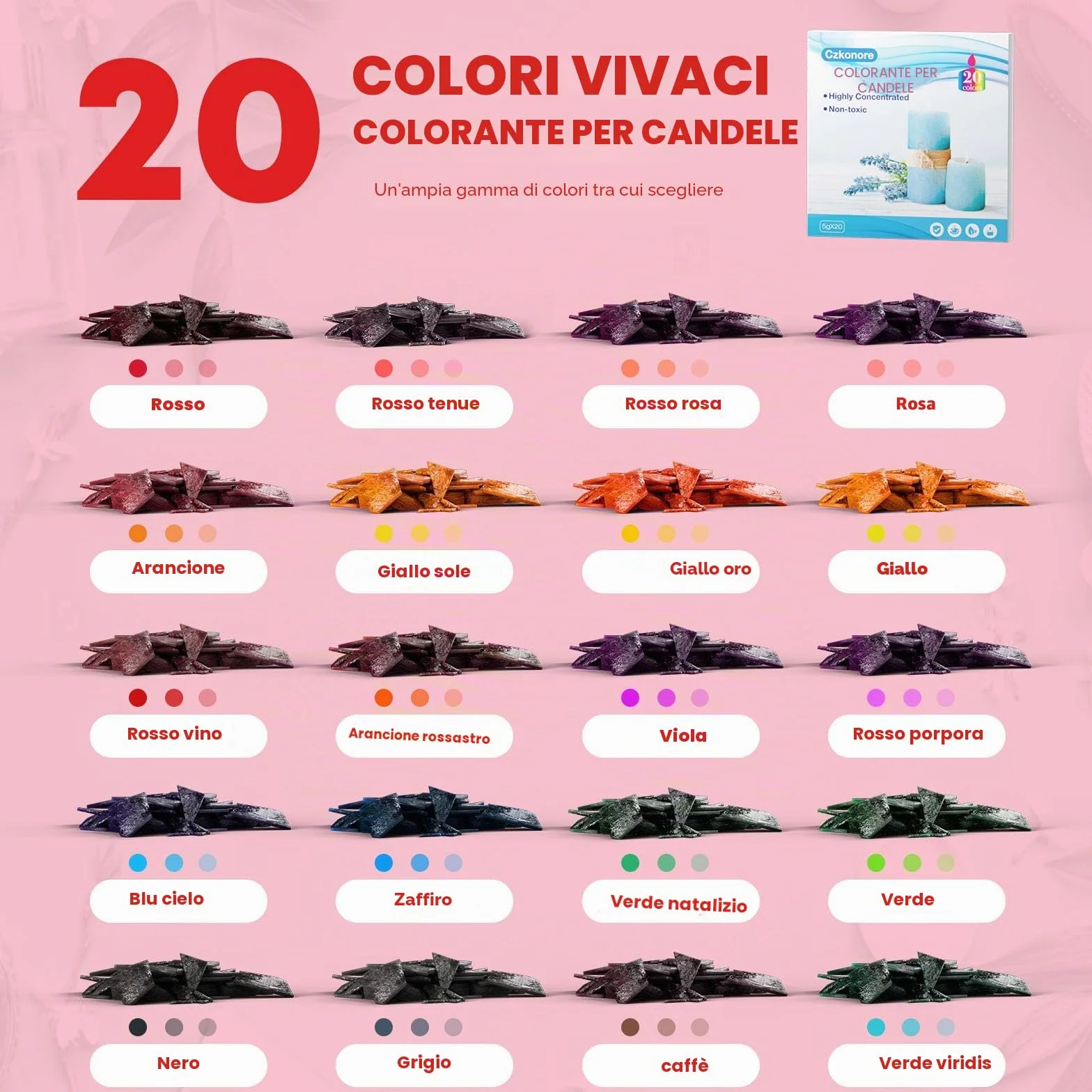 Coloranti per Candele 20 Colori x 5 g, Fai Da Te per Cera Di Soia, d'Api, Di Palma, con Stoppino Da 20 Pezzi
