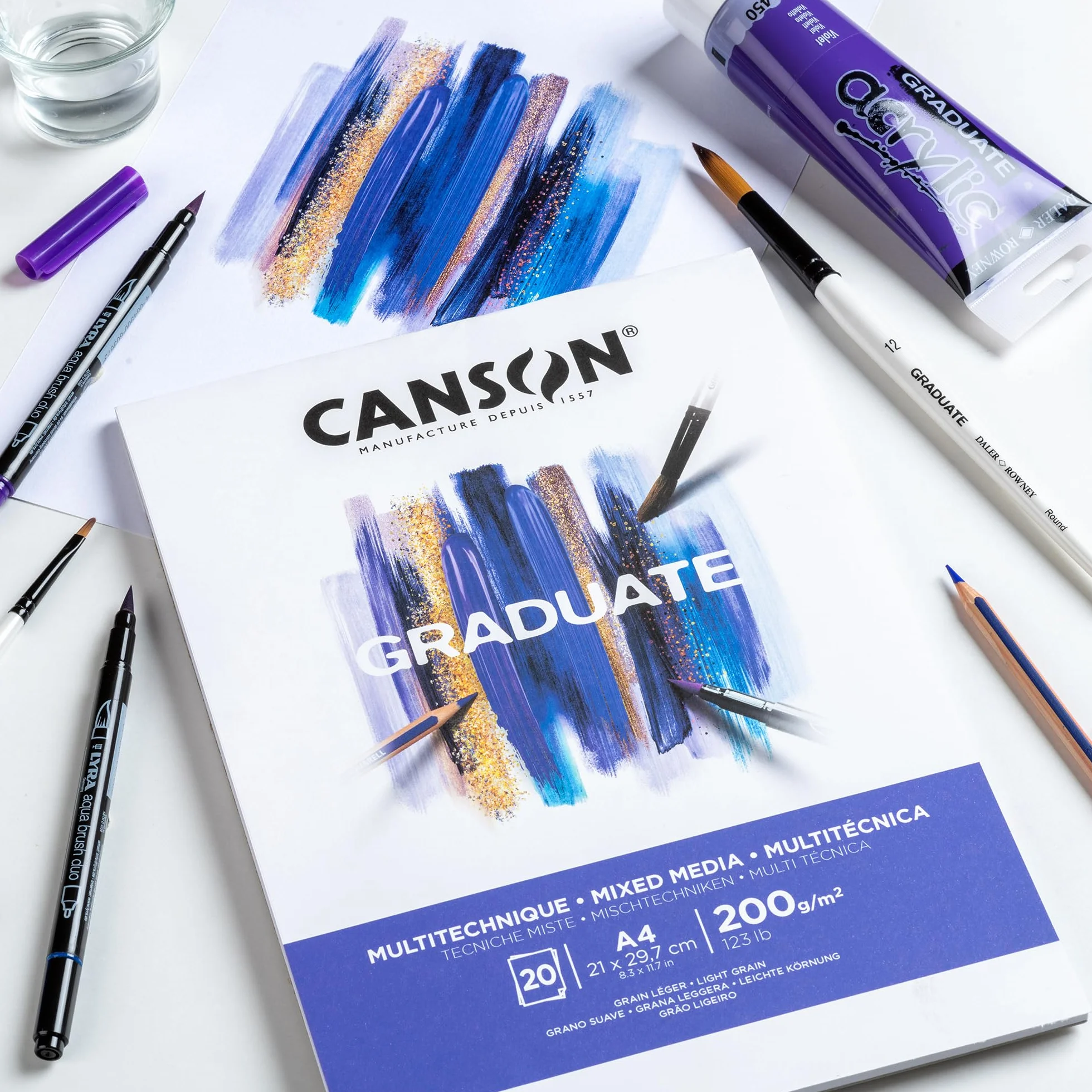 Canson Graduate Mixed Media bianco,album da disegno collato lato corto,A4,20 fogli,grana leggera,200g/m