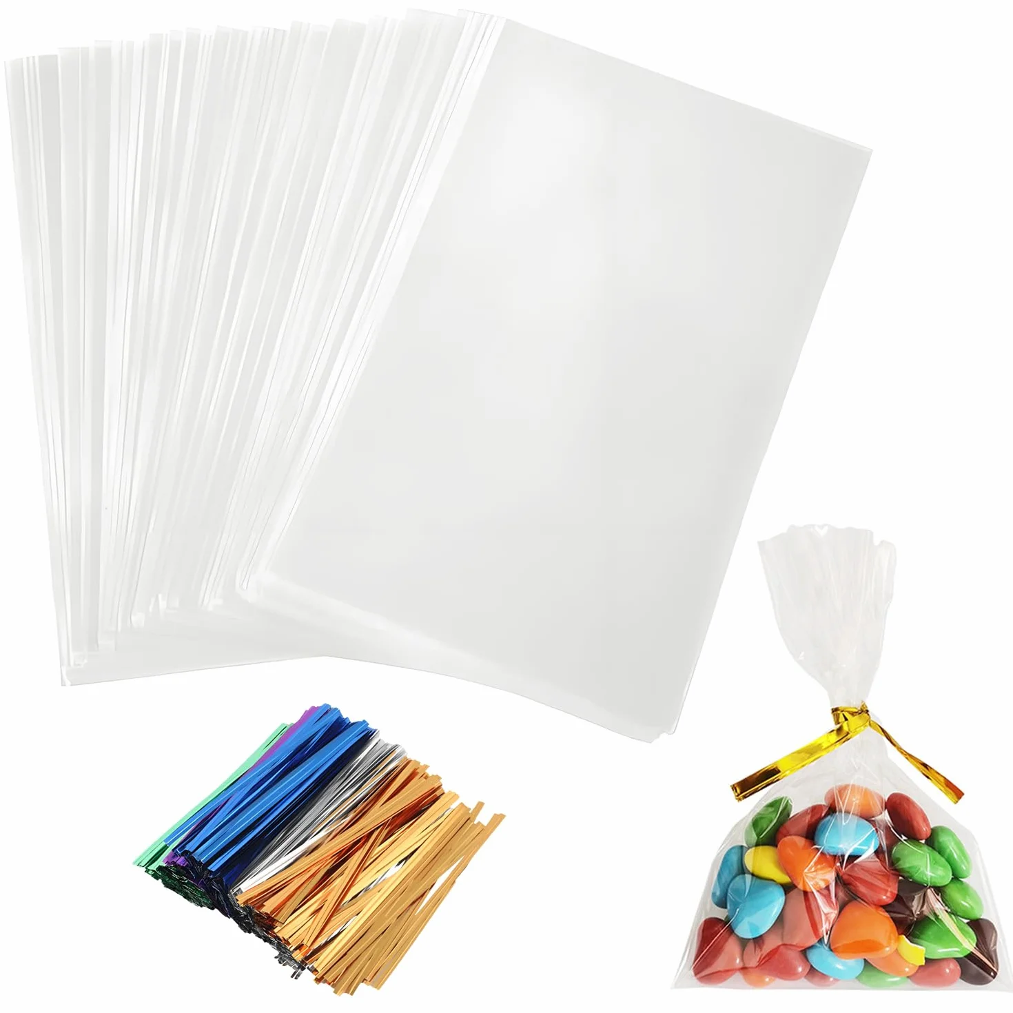 100 Pezzi Sacchetti Caramelle,10x16 cm Sacchettini Trasparenti Buste In Cellophane con 100 Bande Metalliche Per confezioni di caramelle, Biscotti, Pane, Frutta Ecc.