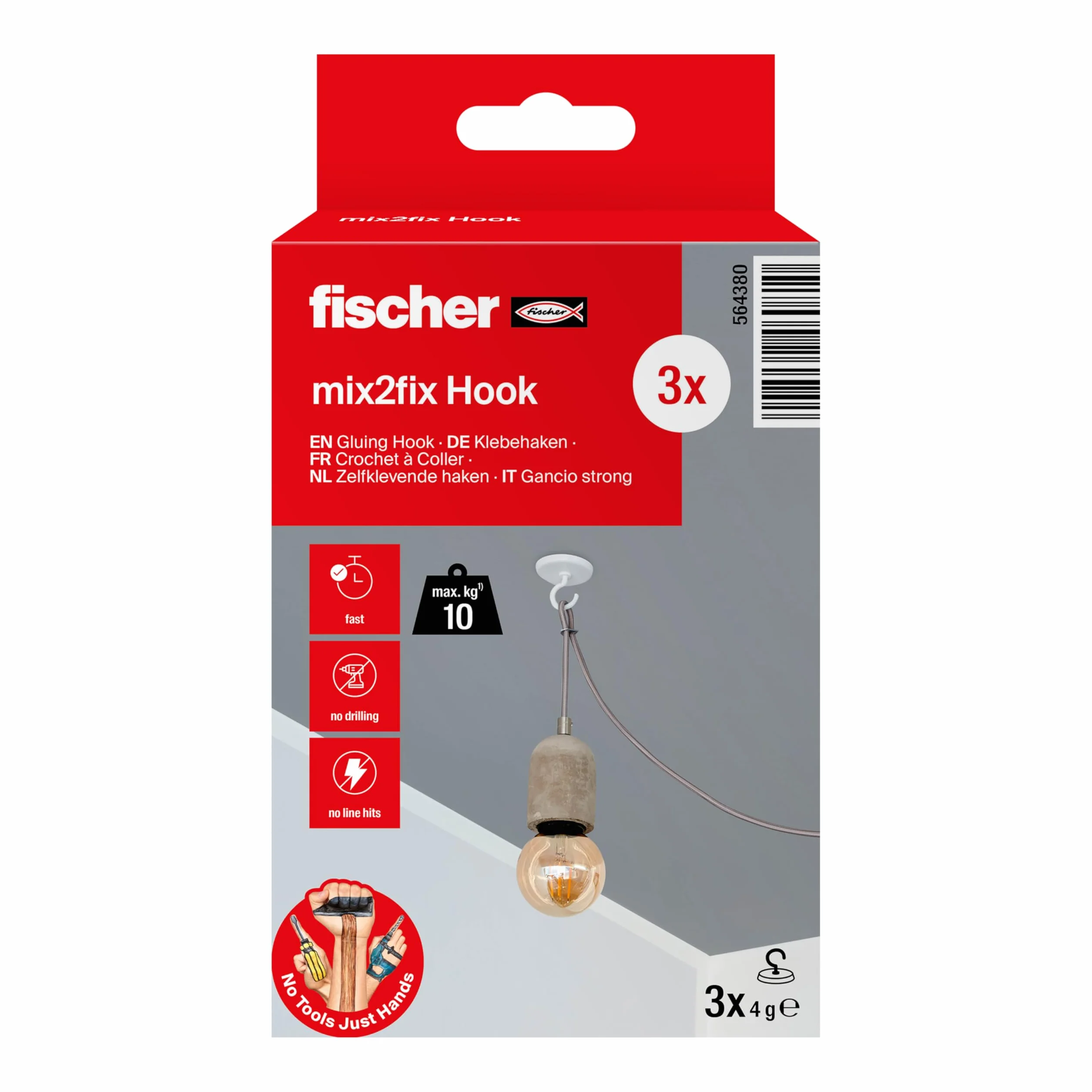 Fischer 3x Gancio Strong, Ganci Adesivi con Colla Bicomponente senza Bucare il Muro, per Appendere a Soffitto e a Parete Fino a 10 Kg, per Luci, Lampade, Cavi, Decori, 3 Pezzi