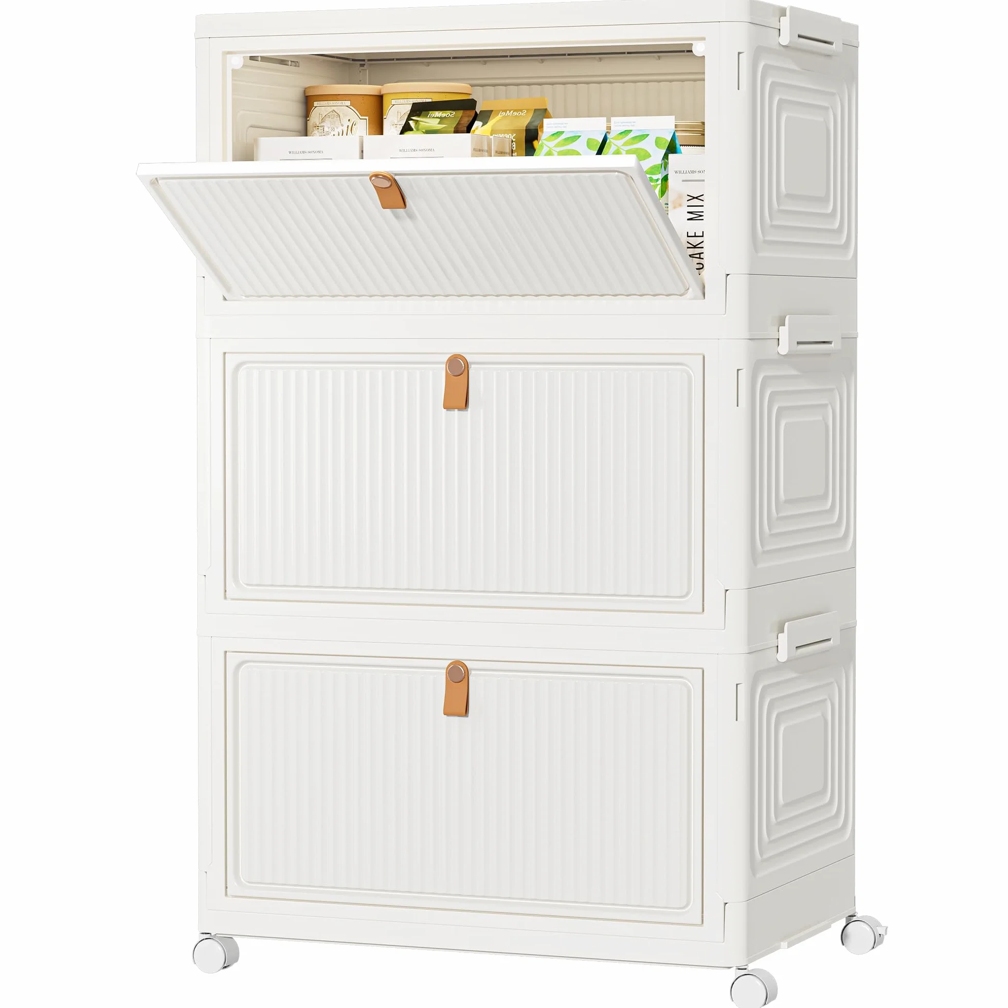 HOMIDEC Scatole Plastica con Coperchio e Ruote, Scatola Portaoggetti Pieghevole, Cassettiera Plastica, 33 L, 3 Unità, Adatto per Riporre Snack, Giocattoli, Libri, Vestiti, Bianco Crema