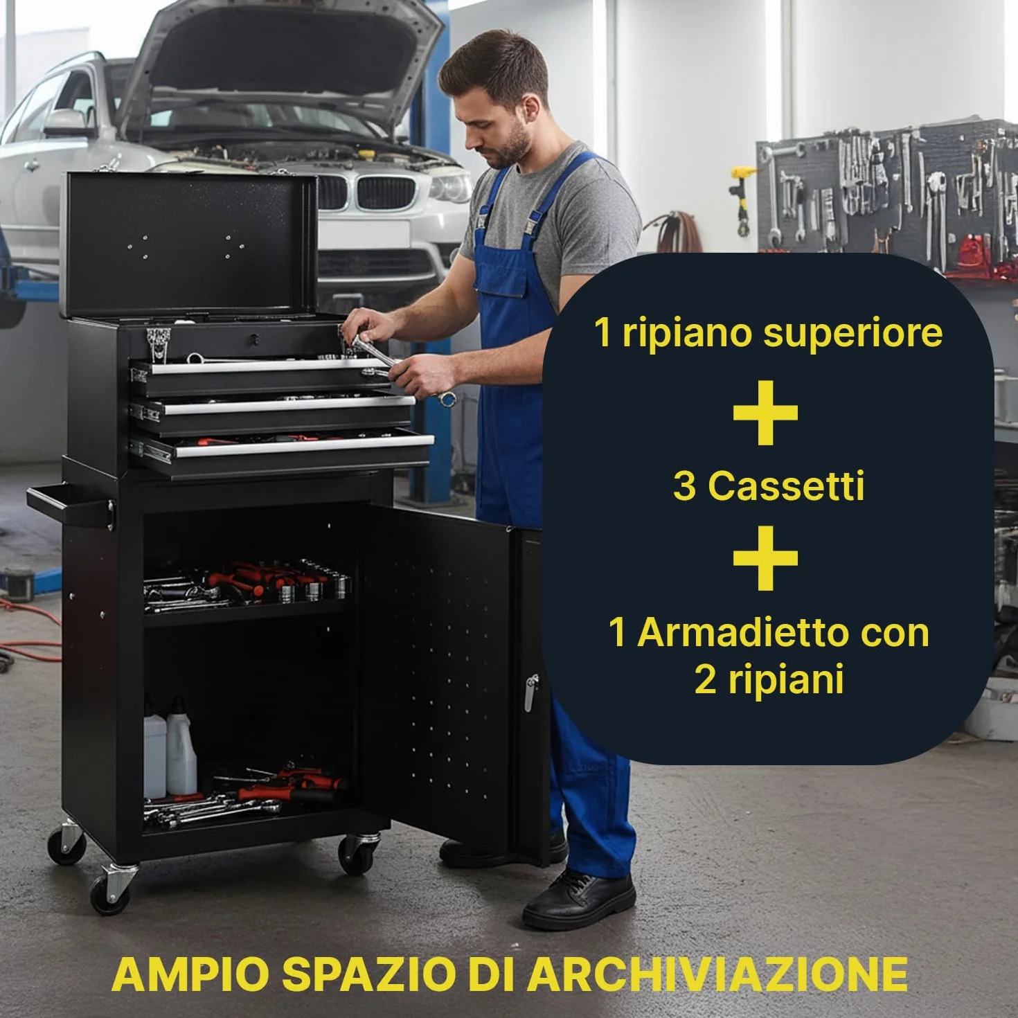 Carrello Officina Porta Attrezzi in Metallo con 3 Cassetti Scorrevoli, Banco da Lavoro Mobile per Garage