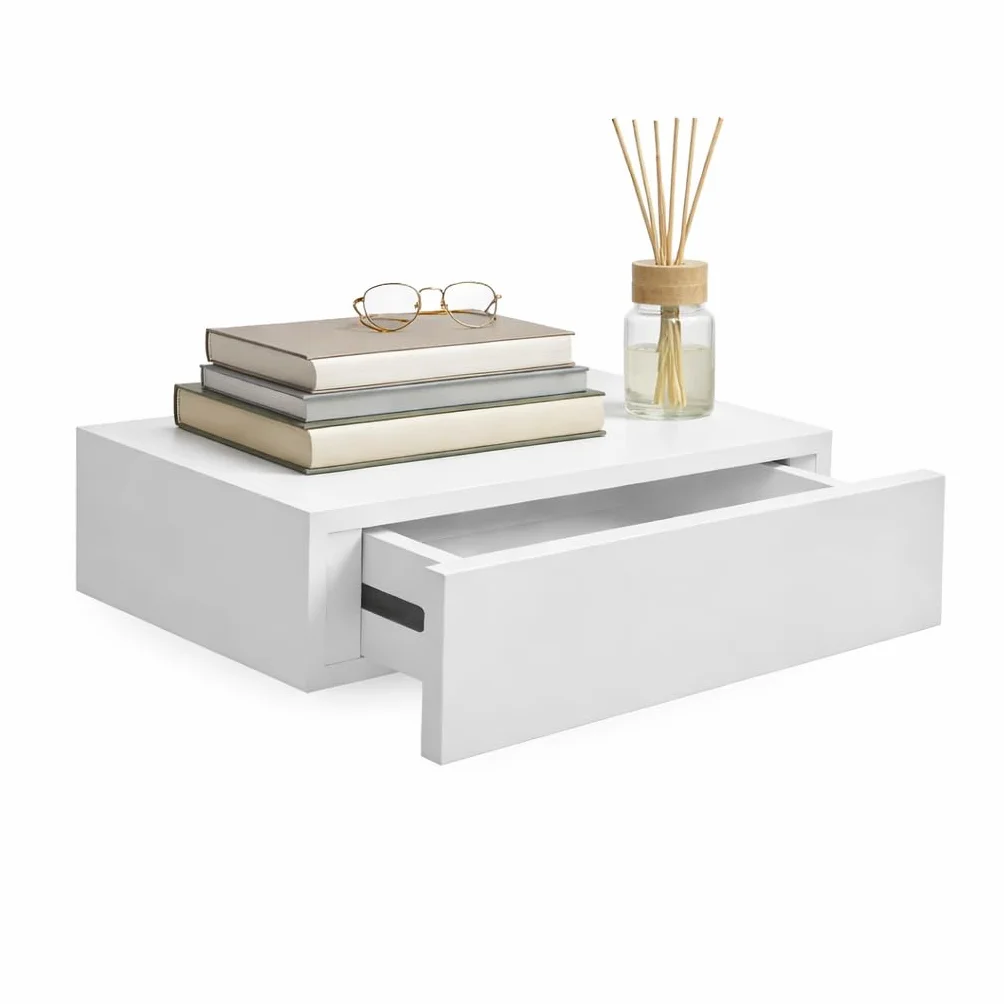Mensola a Parete con Cassetto Integrato - in Legno, Sospeso, Design Moderno, Versatile, Salvaspazio, per Soggiorno, Ingresso, Camera da letto, Portata 5Kg - 40X24X10h CM (Bianco)