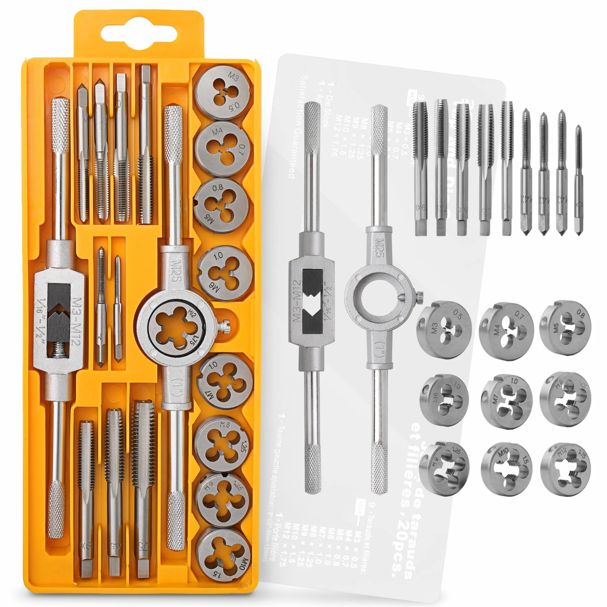 Hi-Spec Set Maschi e Filiere Metriche 20 Pezzi. Completo da M3 a M12 con Filetti Fini e Grossi per Taglio e Ripristino, con Giramaschi in Valigetta Compatta