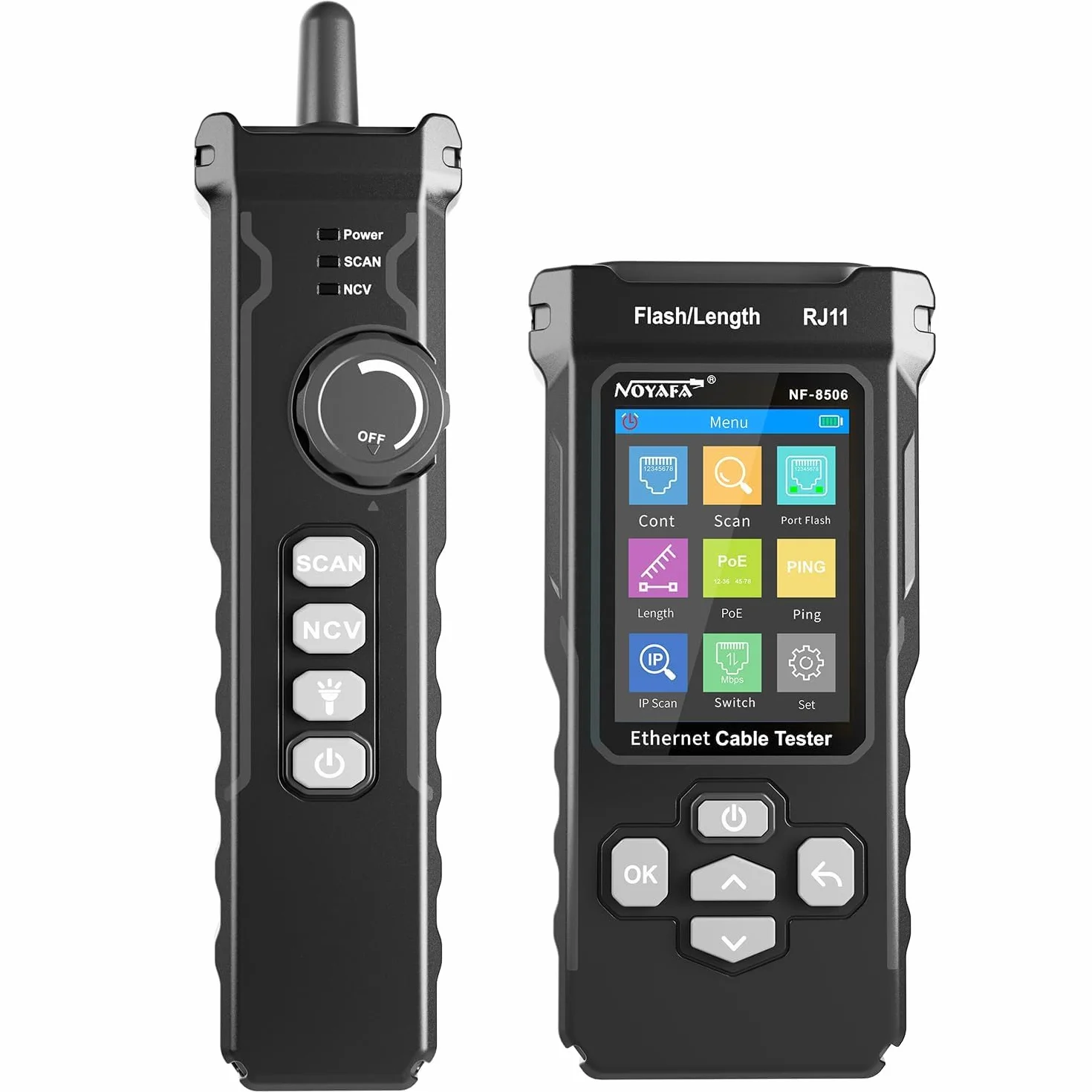 NOYAFA NF-8506 Tester di Cavi di Rete – Tester Ethernet con Ping, Scansione IP e TDR, Test Velocità Rete, Lampeggio Porte, Rilevatore Cavi RJ45 RJ11, CAT5 CAT6