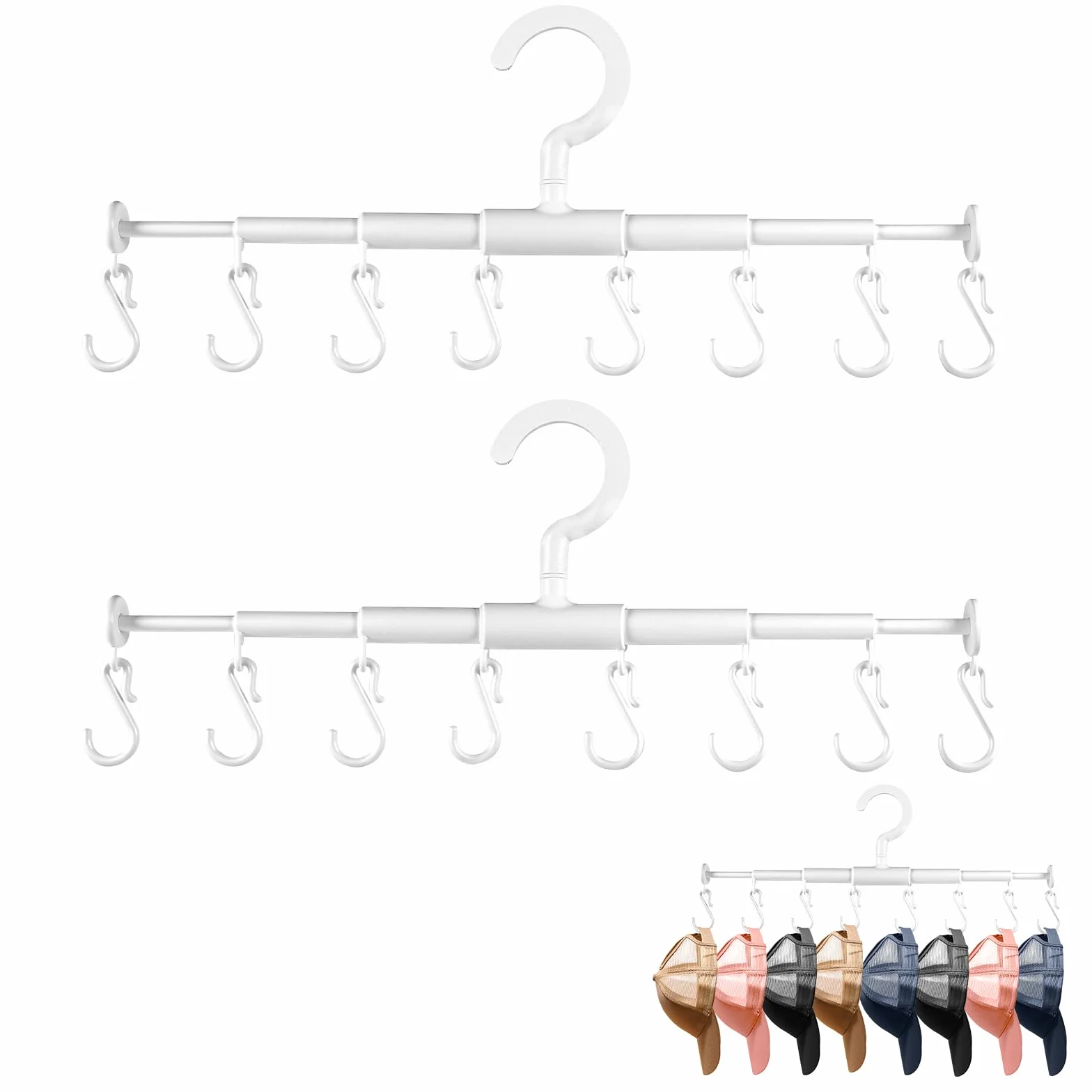 Porta Cappelli da Parete Estensibile con 8 Ganci, Organizer per Cappelli, Cravatte, Sciarpe, Guanti, 2 Pezzi