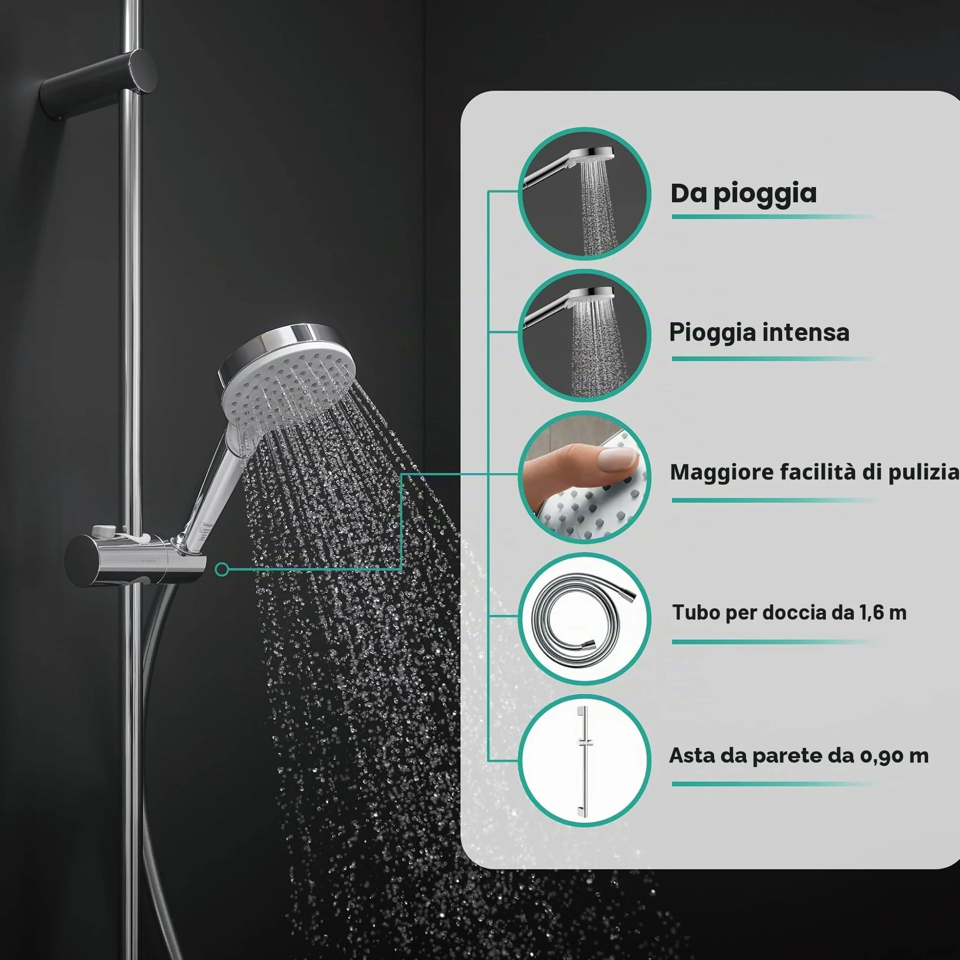 hansgrohe Crometta - Set Doccia, Doccetta con Asta Doccia 90Cm, Supporto Doccia e Flessibile Doccia 1,60M, Soffione Doccia con 2 Tipi di Getto, Bianco/Cromo
