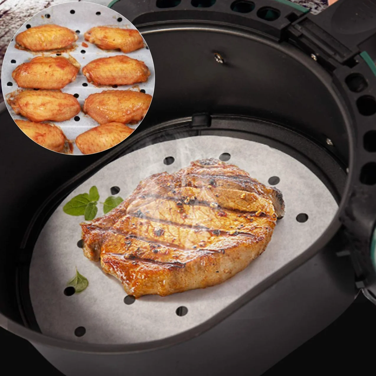Gwhole 100 rotoli rotondi in carta pergamena antiaderente, foglio perforato per friggitrice ad aria, cottura a vapore, 18 cm