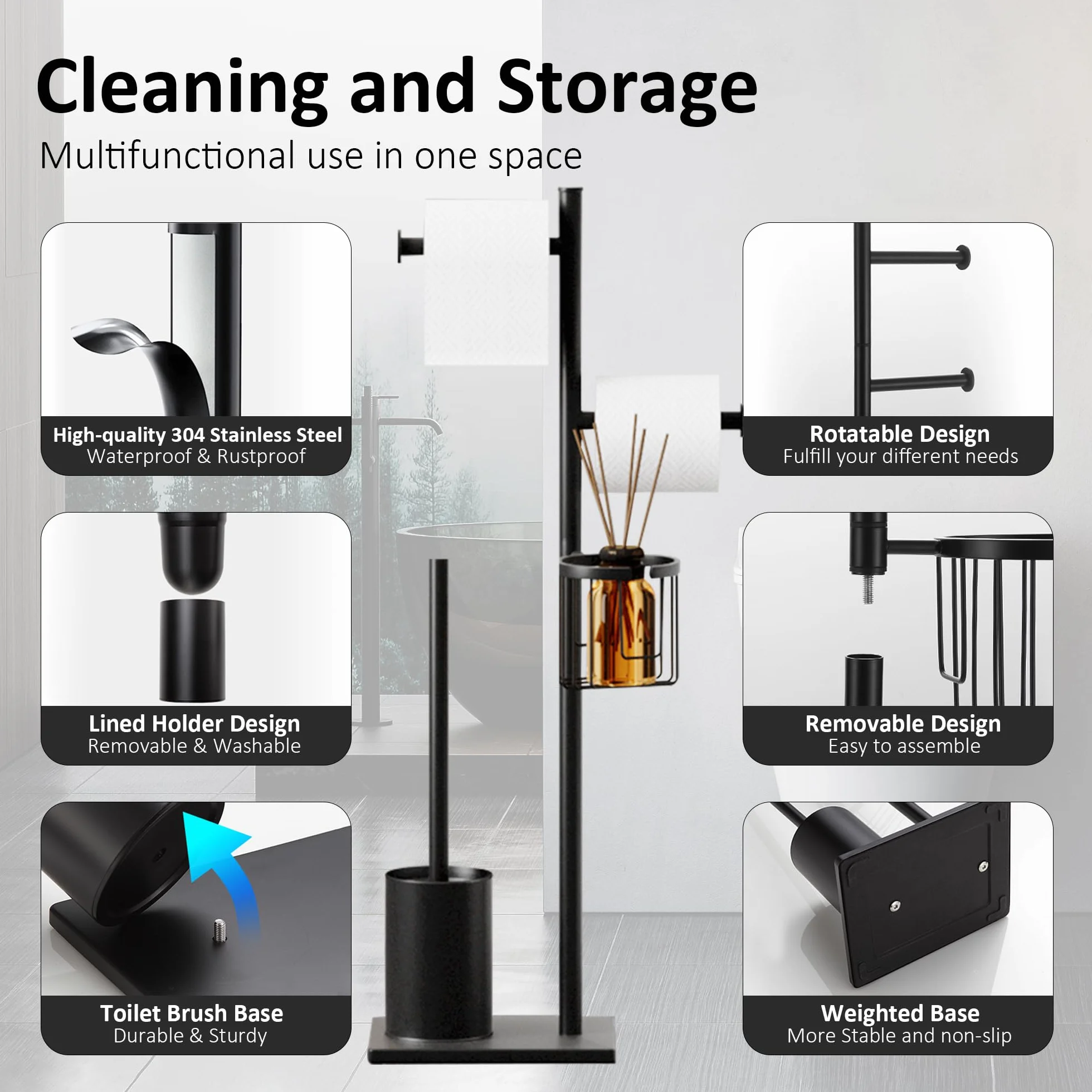 Porta carta igienica set in acciaio inox Nero, autoportante, completo di scopino WC e cestino porta oggetti, perfetto per organizzare il bagno con eleganza e praticità