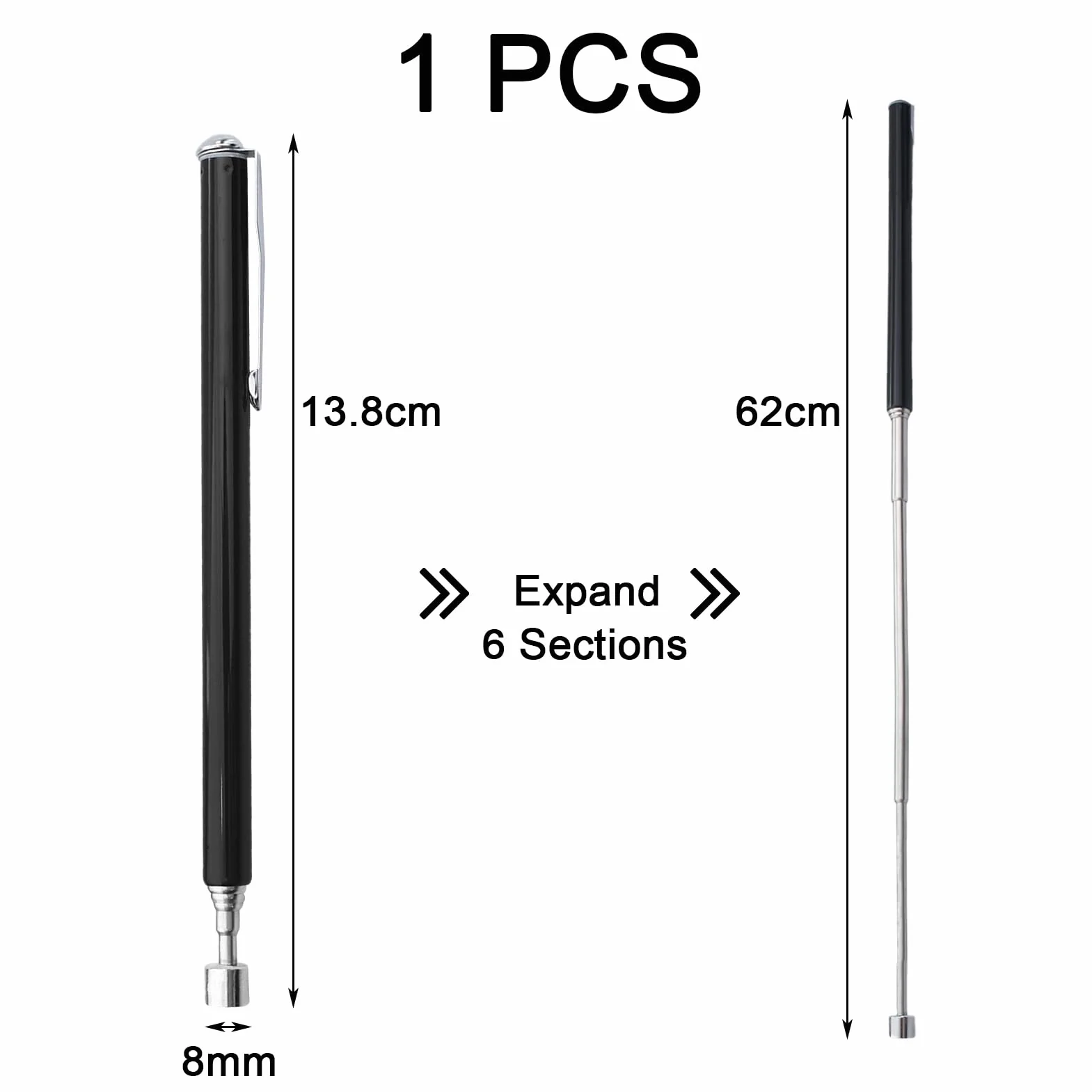 1 Pezzi Calamita Telescopica,Acciaio Inossidabile Calamita Telescopica,Asta Telescopica Magnetica,Strumento Magnetico per Pickup,per Chiavi,Monete,Viti,Penne e Oggetti Metallici,Fino a 62 cm