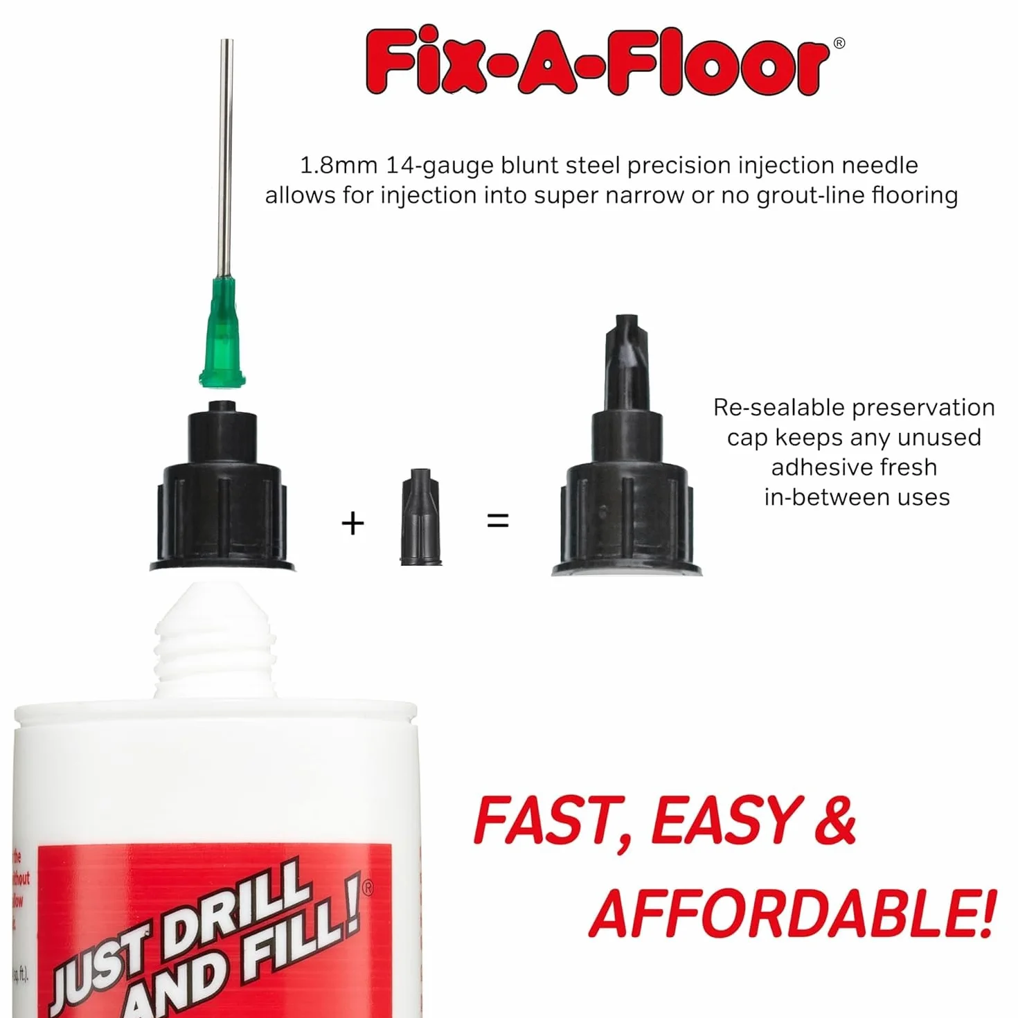 L'originale iniettore per micro siringa Fix-A-Floor per riparazione piastrelle sciolte e cave, confezione da 2. L'iniettore di micro siringa deve essere utilizzato solo in linee di malta inferiori a