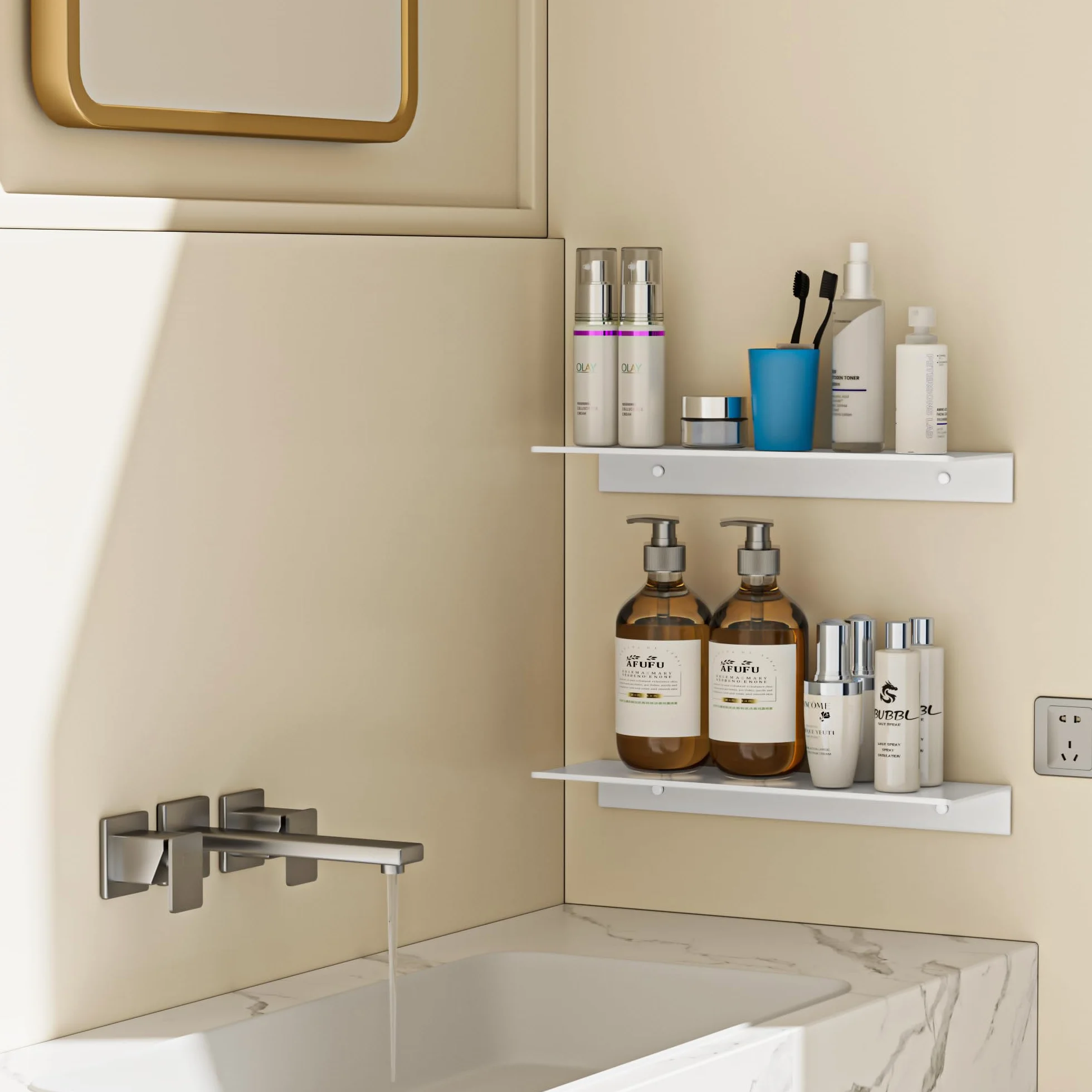 HNVNER Mensole da Parete in Metallo 2 Pezzi - 40 cm Mensola da Muro Bianco Lucido in Lega di Alluminio Senza Foratura, Antiruggine, Ripiani a Parete per Soggiorno, Camera da Letto, Bagno