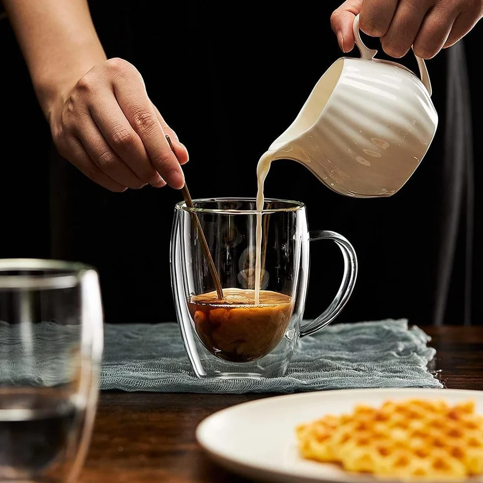 Vicloon Tazza Caffè Doppio Vetro Borosilicato 350 ml, Bicchieri Espresso Doppia Parete con Manico per Caffè, Tè, Latte