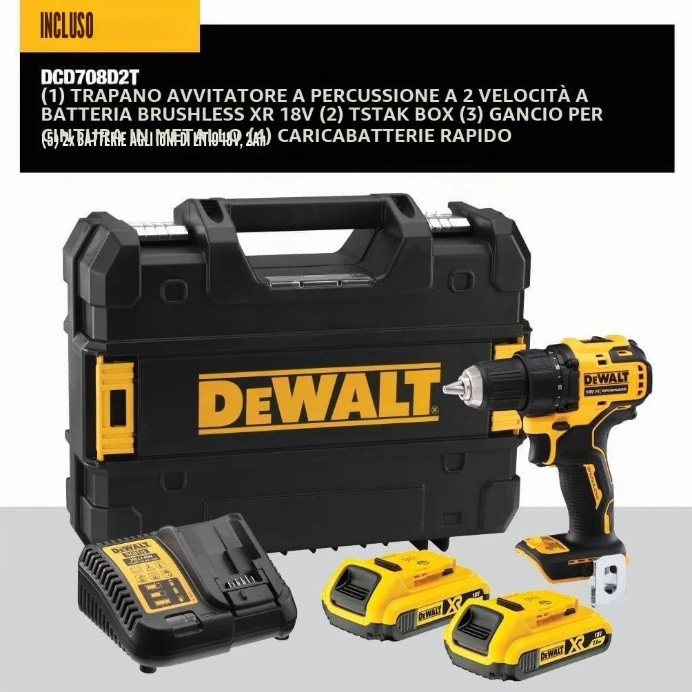 DEWALT Trapano avvitatore 18V XR senza spazzole con 2 batterie al litio da 2Ah e caricabatterie, DCD708D2T-QW