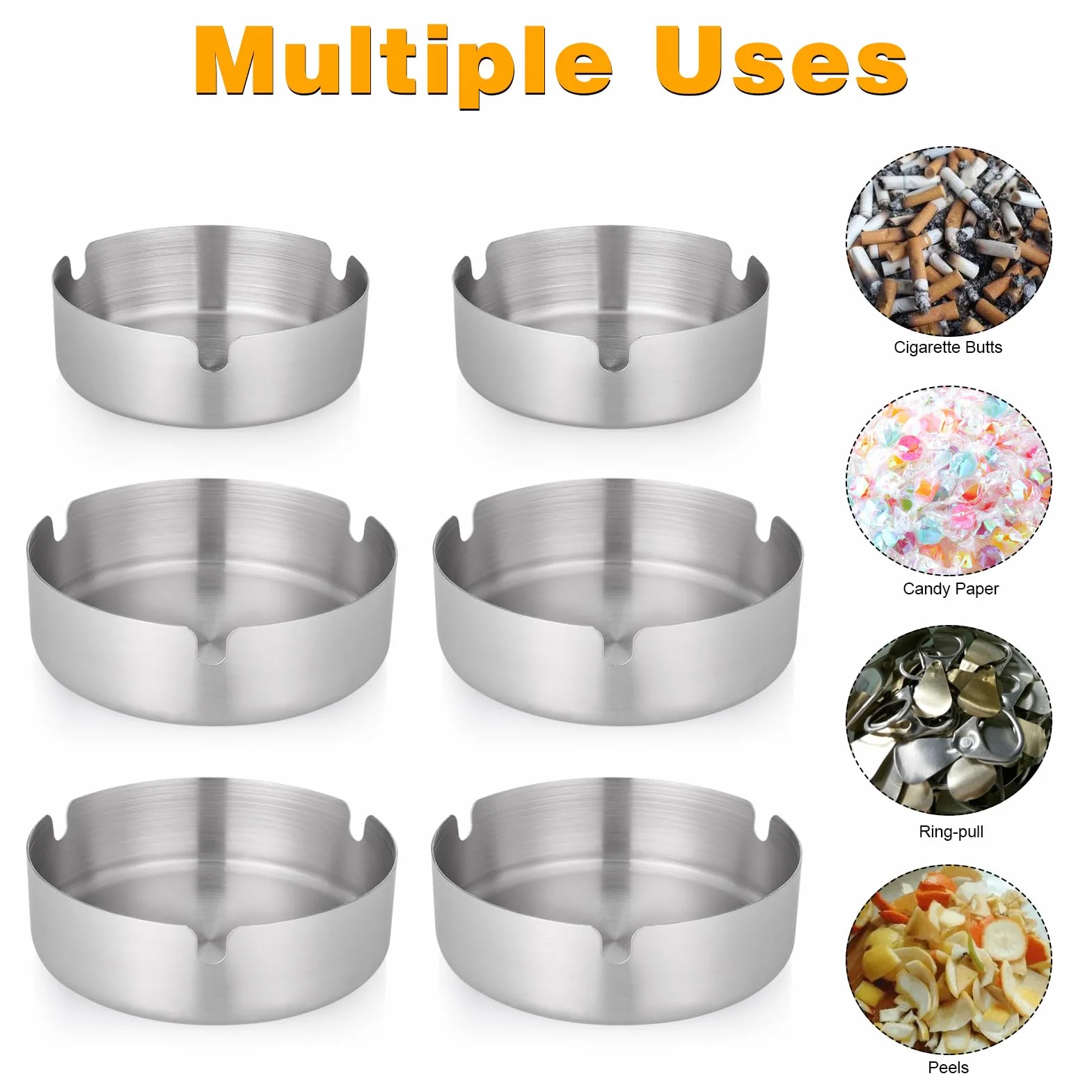 Portacenere da Tavolo in Acciaio Inox 6 Pezzi con 3 Scanalature, Argento