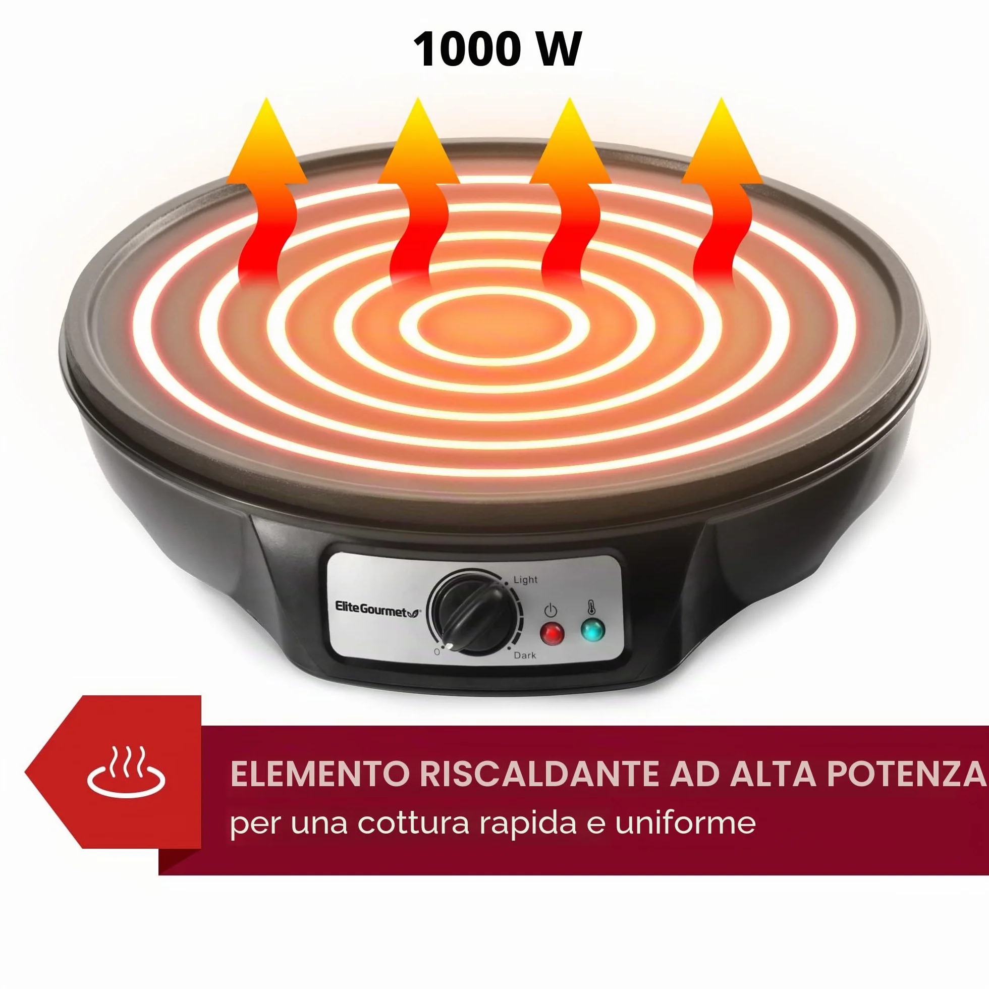 Elite Gourmet, Crepiera elettrica ECP-126 per crêpes, pancake, torte, piastra antiaderente, con spargitore, spatola e ricette, lingua italiana non garantita, 30,5 cm, nero