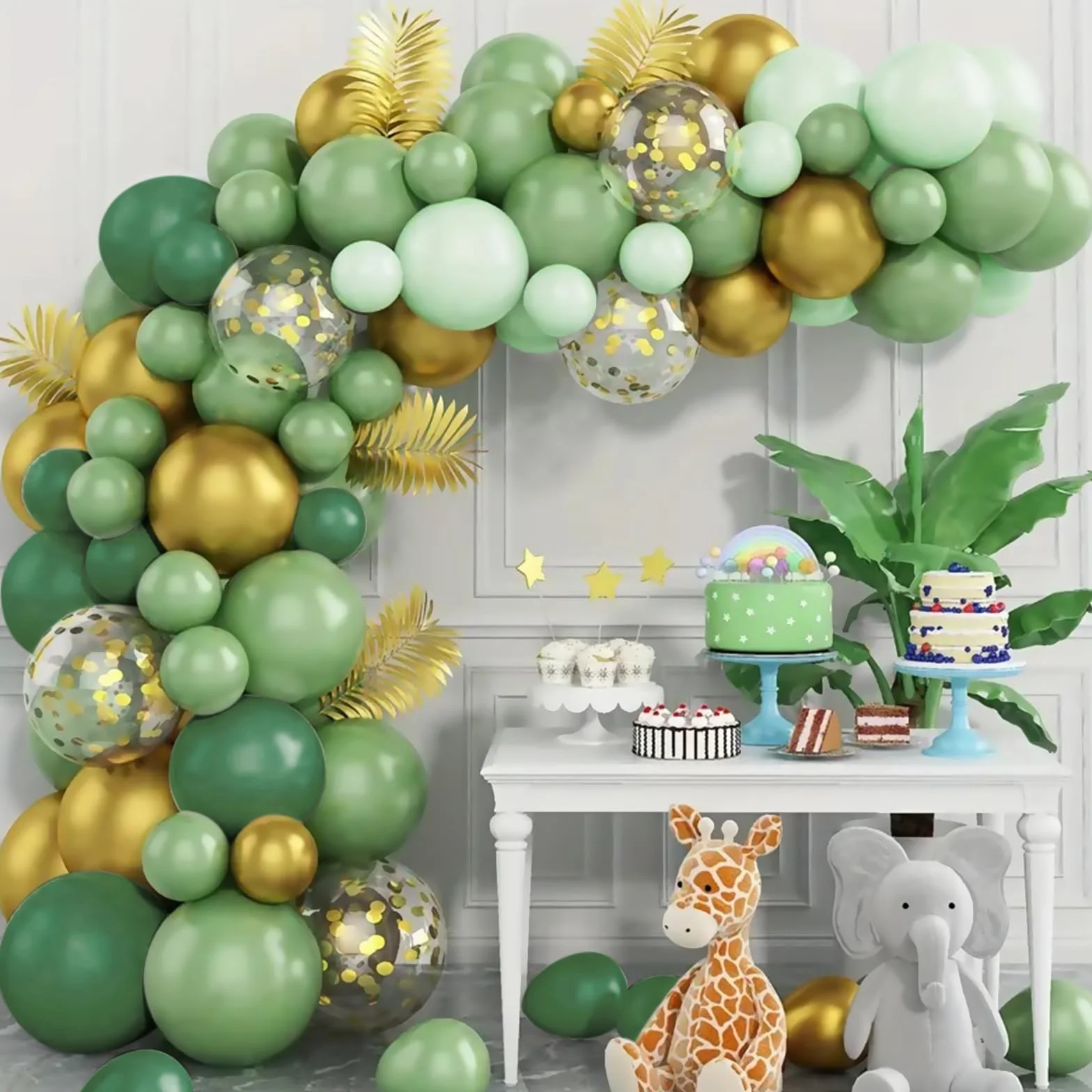 Kit Arco Palloncini Verde Salvia, 110 Pezzi Kit Ghirlanda Palloncini Verdi Oro con Palloncini Verde Oro Coriandoli per Matrimonio Compleanno Baby Shower Laurea Decorazioni Festa Safari Giungla