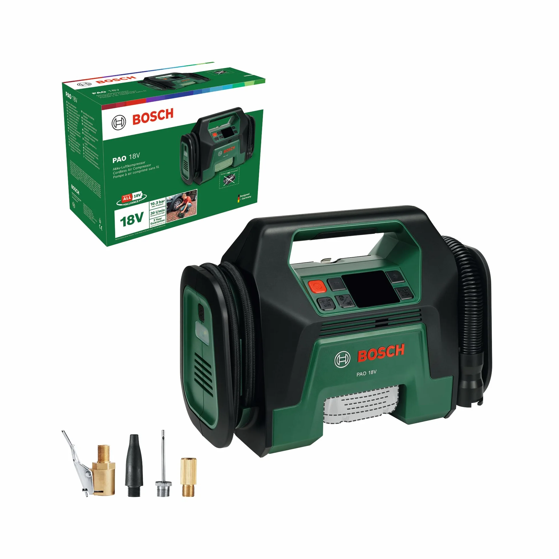 Bosch Compressore d'aria a batteria PAO 18V (dagli pneumatici ai grandi gonfiabili; incl. clip della pompa dell'aria per valvola degli pneumatici, valvola Presta, ago per palloni, adattatore volume)