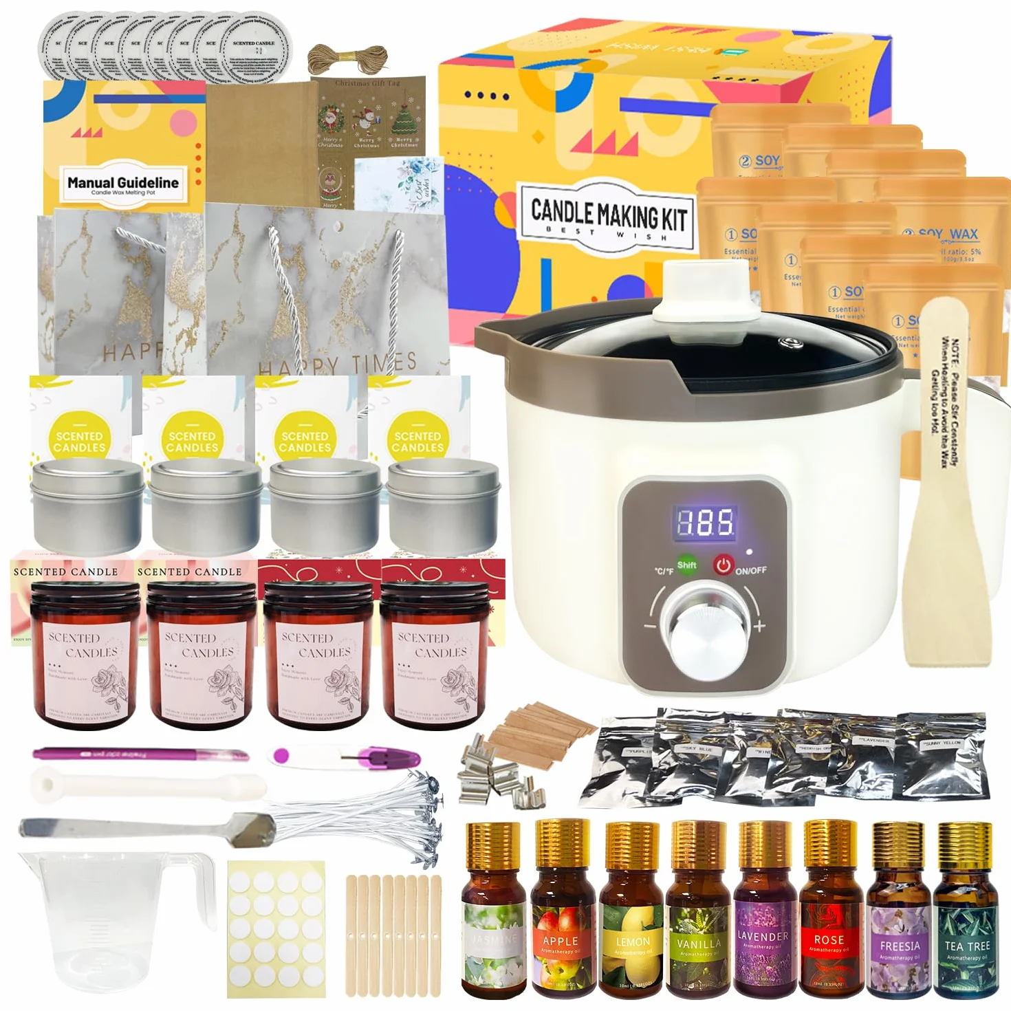 LINGQIAN Kit fabbricazione candele con fusore digitale di cera, Kit Candele Fai Da Te con Cera di Soia, 8 barattoli di candela, 8 oli profumati, set di candele per artigianato fai da te