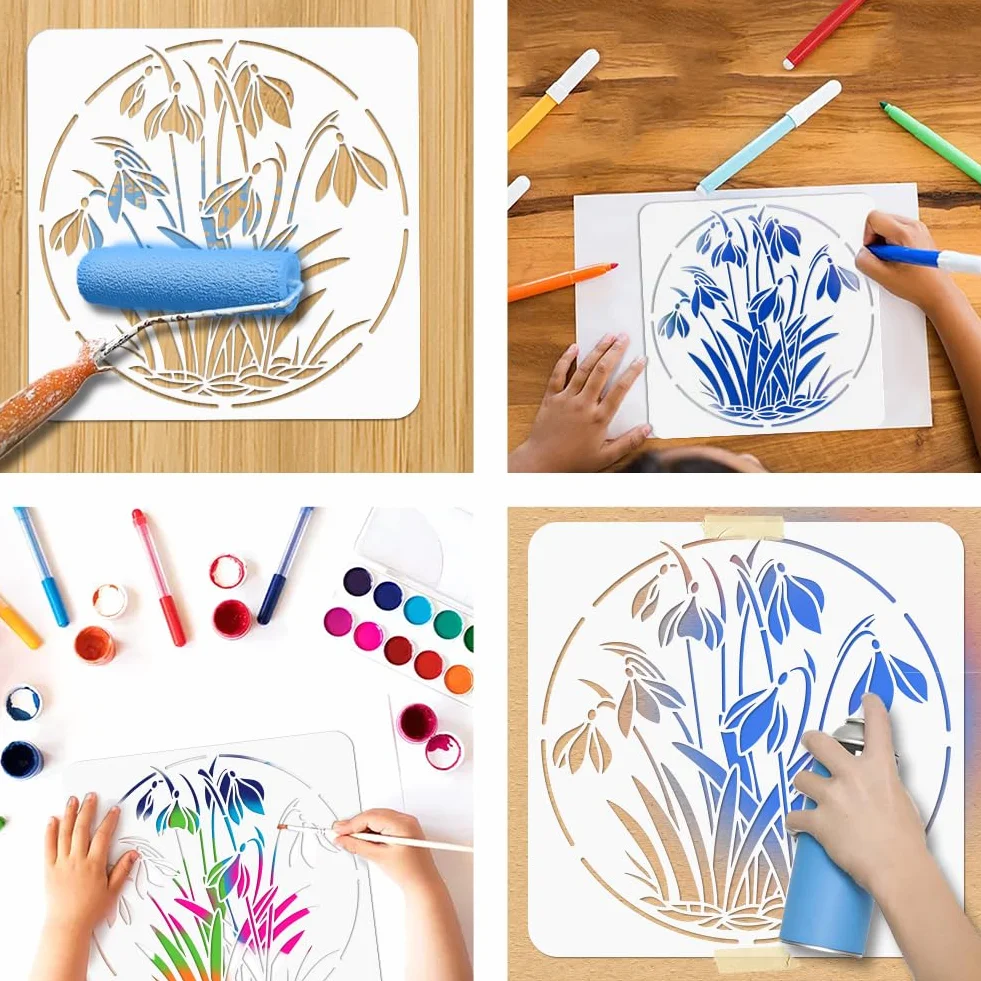 NBEADS Stencil per Pittura Floreale di Bucaneve, Stencil per Diario Floreale Stencil per Arte e Artigianato Scavati Modi l'i Riutilizzabili In PET per la Pittura Fai da te Scrapbook Wall Art, 30x30cm