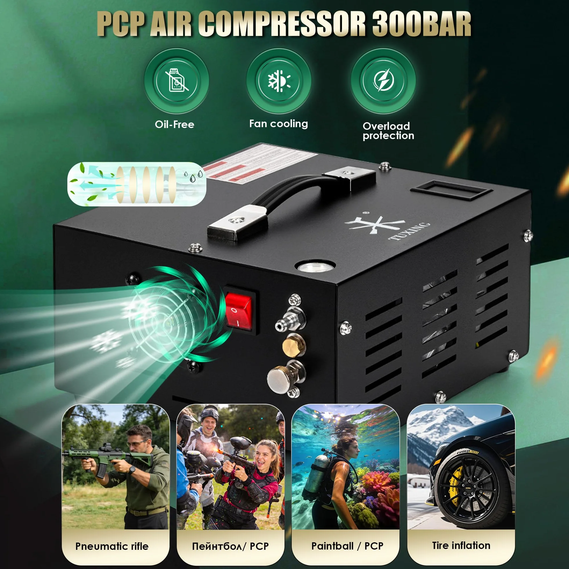 TUXING PCP Compressore d'aria 4500 Psi, compressore d'aria regolabile ad alta pressione alimentato da auto 12V DC o casa 220V AC con adattatore (incluso), pompa per Paintball/serbatoio subacqueo
