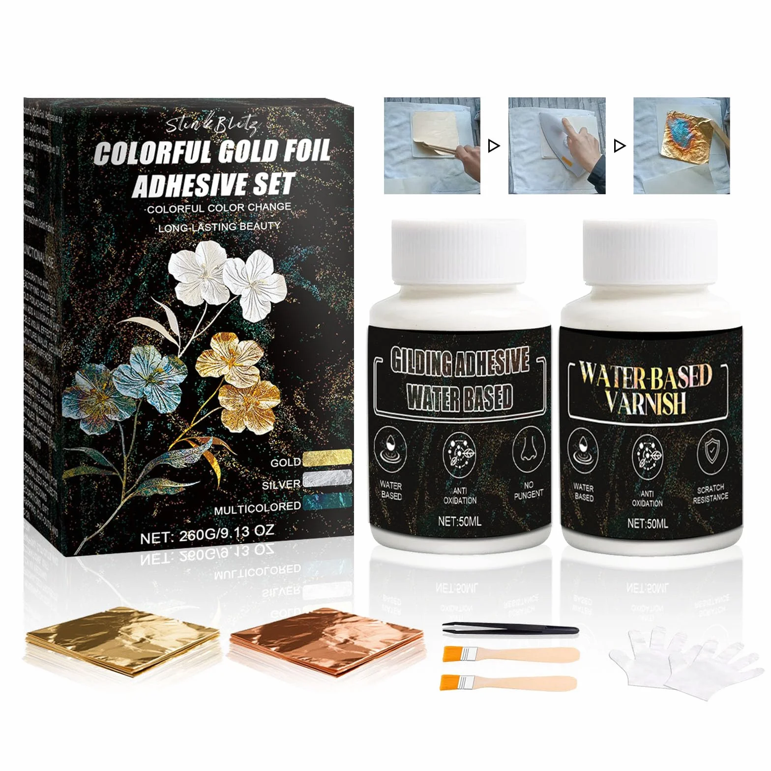 Decolorazione Adesivo per Foglia d'oro, Pittura con lamina d'oro brunita Set per Foglia con 50 ml di Colla per lamiere a Base d'Acqua e 50 ml di Vernice, Oro/Rame Grande 10 Pezzi Goldfolie