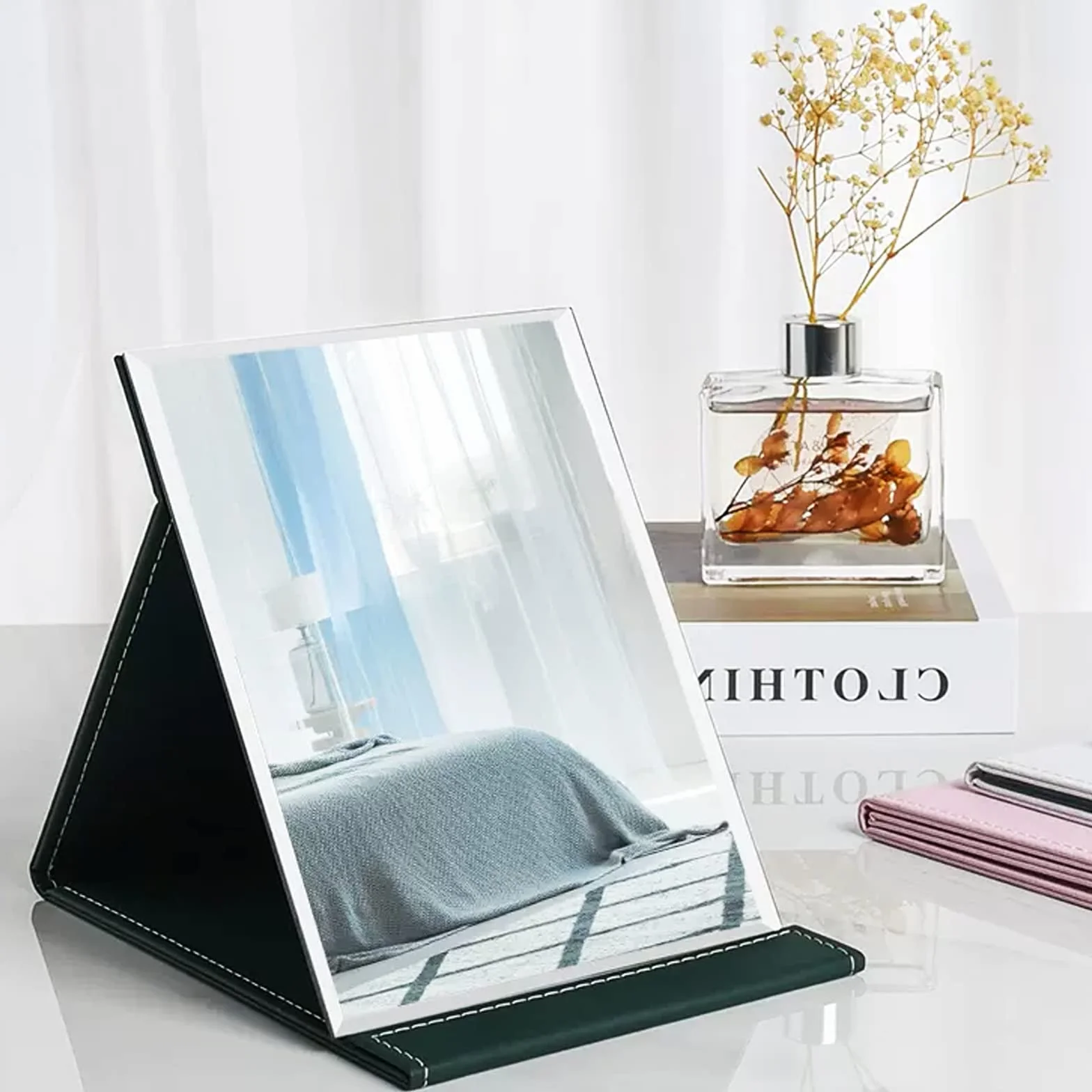 Specchio da Tavolo Portatile Pieghevole 25x18cm Pelle PU HD per Viaggio Trucco Nero