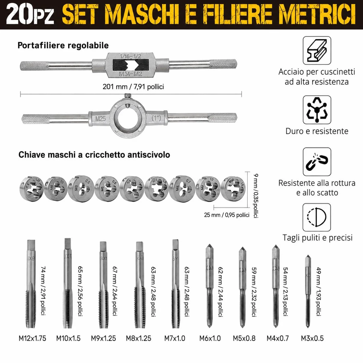 Hi-Spec Set Maschi e Filiere Metriche 20 Pezzi. Completo da M3 a M12 con Filetti Fini e Grossi per Taglio e Ripristino, con Giramaschi in Valigetta Compatta