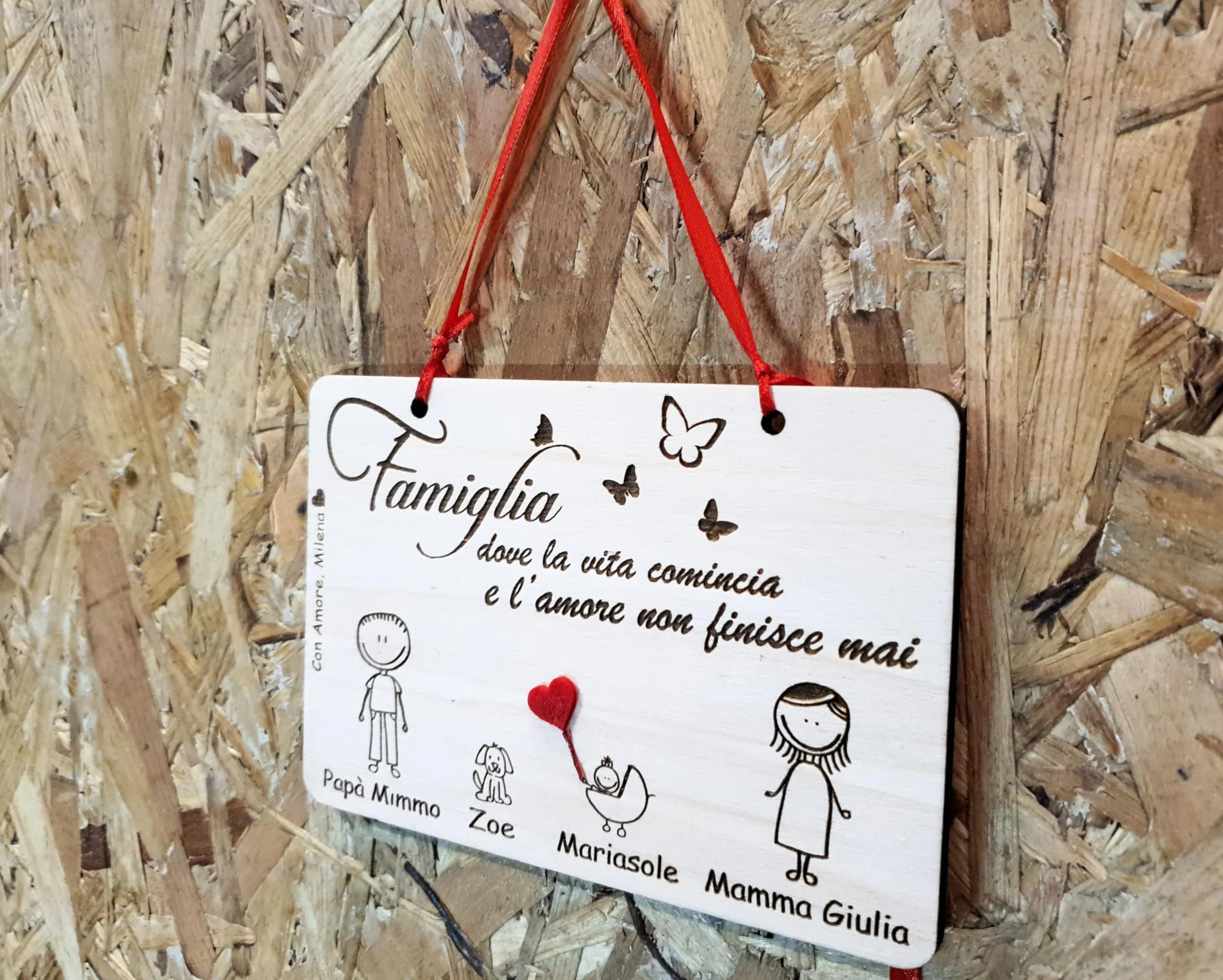 Targhetta in legno personalizzata Famiglia - regalo legno personalizzato con base, fori o biadesivo