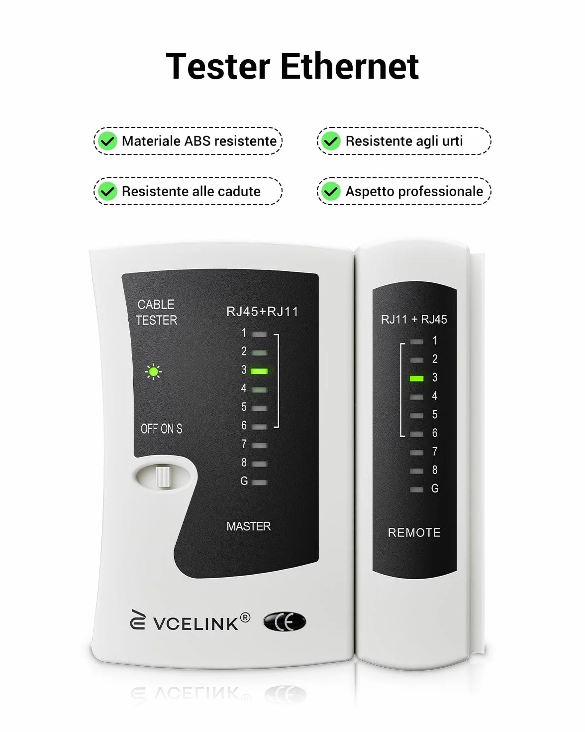 VCELINK Tester Cavi di Rete RJ45 Professionale POE, Test Ethernet per RJ45/RJ11/RJ12, Grigio