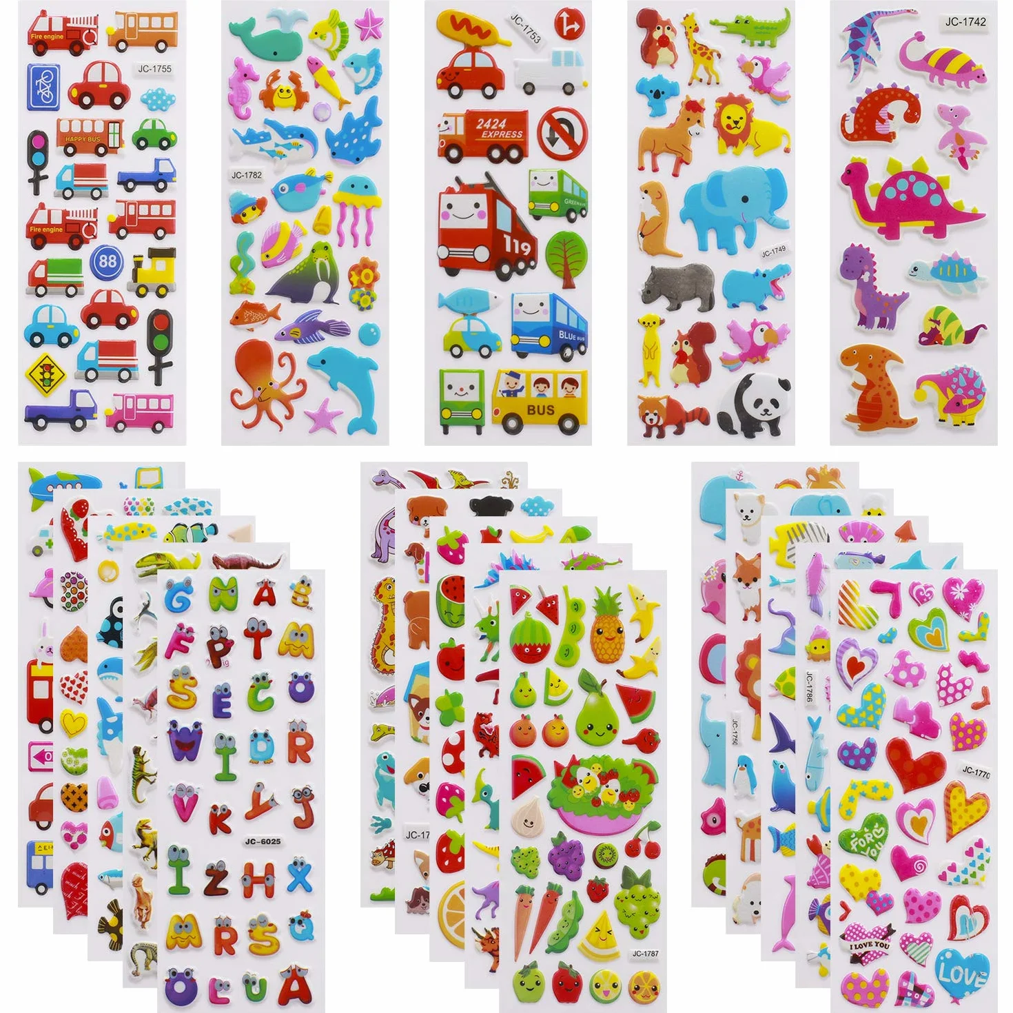 Adesivi per Bambini, 600+ Adesivi 3D Stickers per Puffy Adesivi per Regali Gratificanti Scrapbooking Inclusi Camion, Dinosauri, Frutta, Numeri, Lettere,Pesci, Cuori, ECC (24 Fogli)