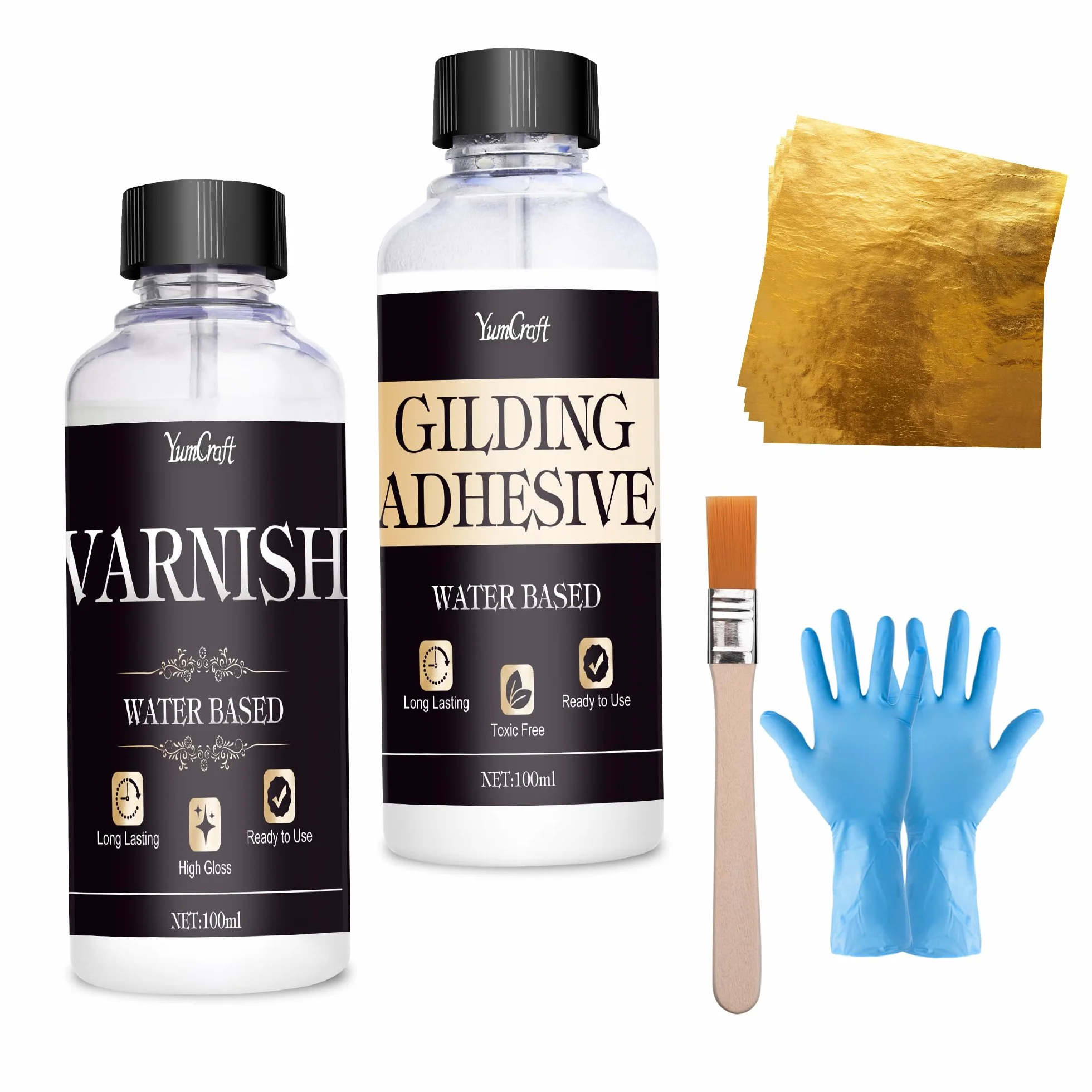 Foglia Gold Set, Colla 100ml e Vernice Protettiva a Base D'Acqua da 100 ml, Fogli di Foglie D'Oro 100 Pezzi, 1 Pennelli, Utilizzato per Mestieri, Dipinti, Arte, Mobili e Decorazioni