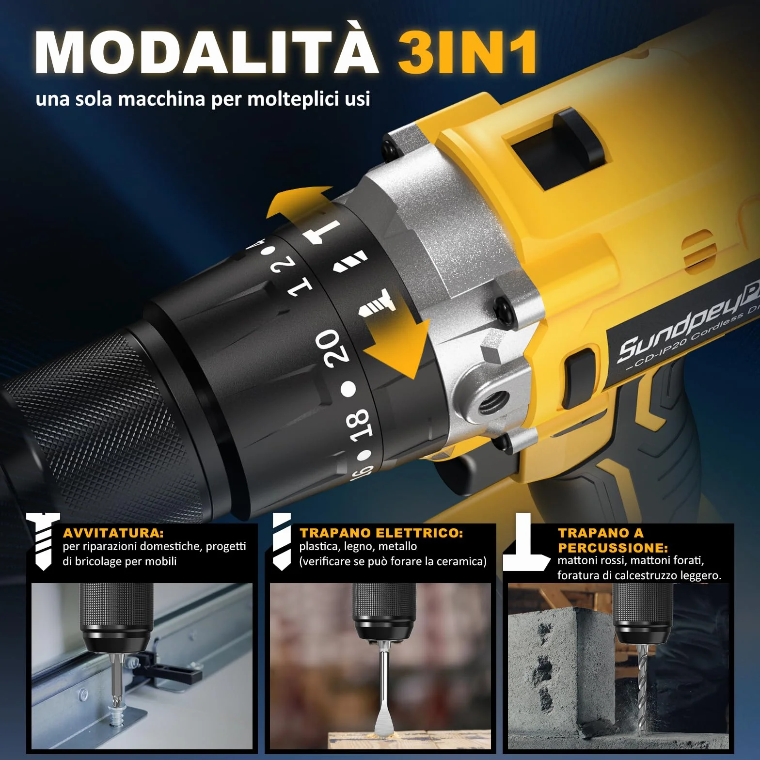 Trapano Percussione Batteria Brushless 21V - SundpeyPRO 120Nm Trapano Avvitatore a Batteria con 2 Batterie 4Ah, 20+3 Coppie, 13mm Mandrino, 2 Velocità, 35 PZ Accessori, per Casa Riparazione, Fai da te