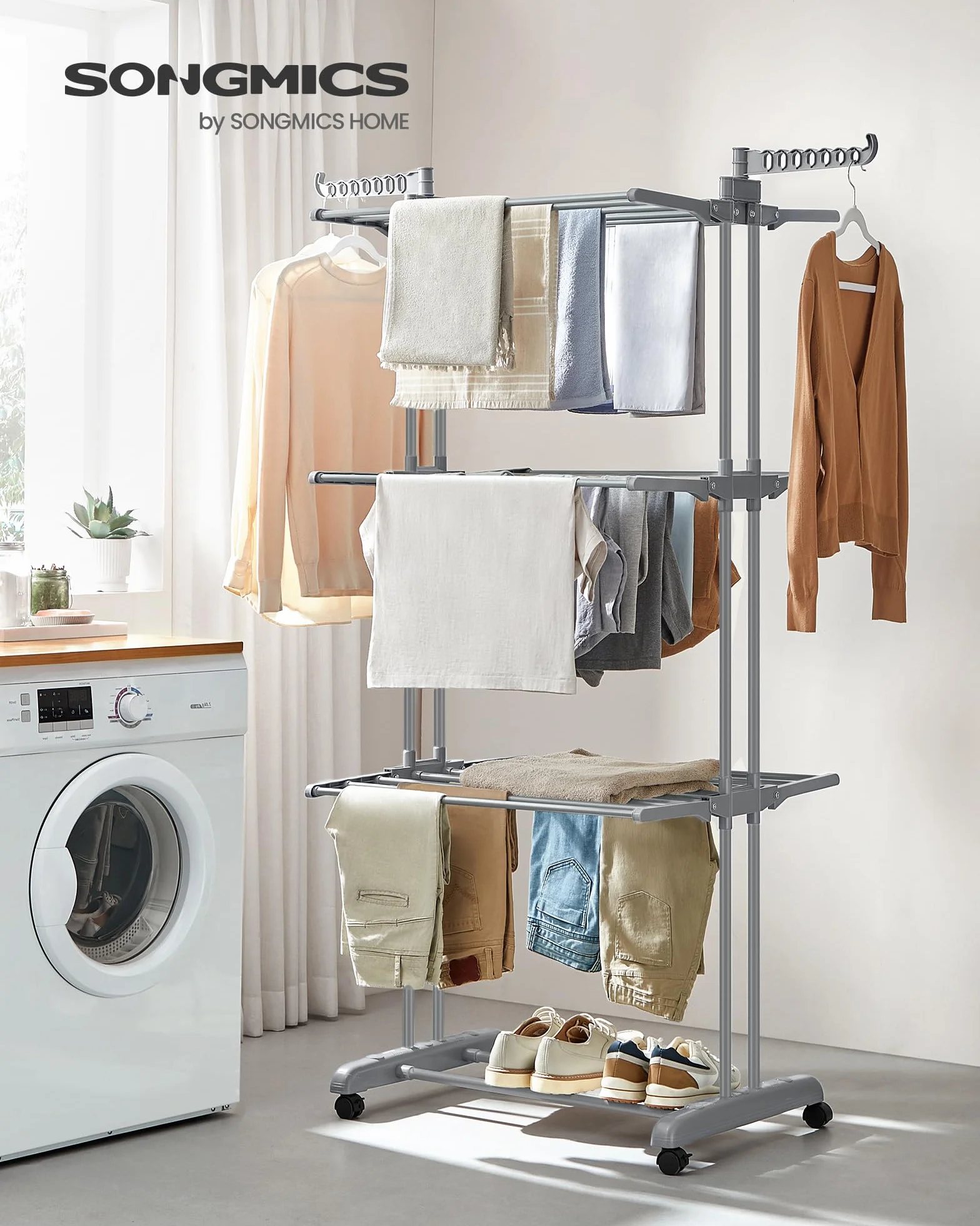 SONGMICS Stendibiancheria, Stendino Pieghevole a 4 Livelli, con Ruote e Ali Richiudibili, 63,5 x 128 x 173 cm, Capiente, Uso Interno ed Esterno, Grigio LLR701G01